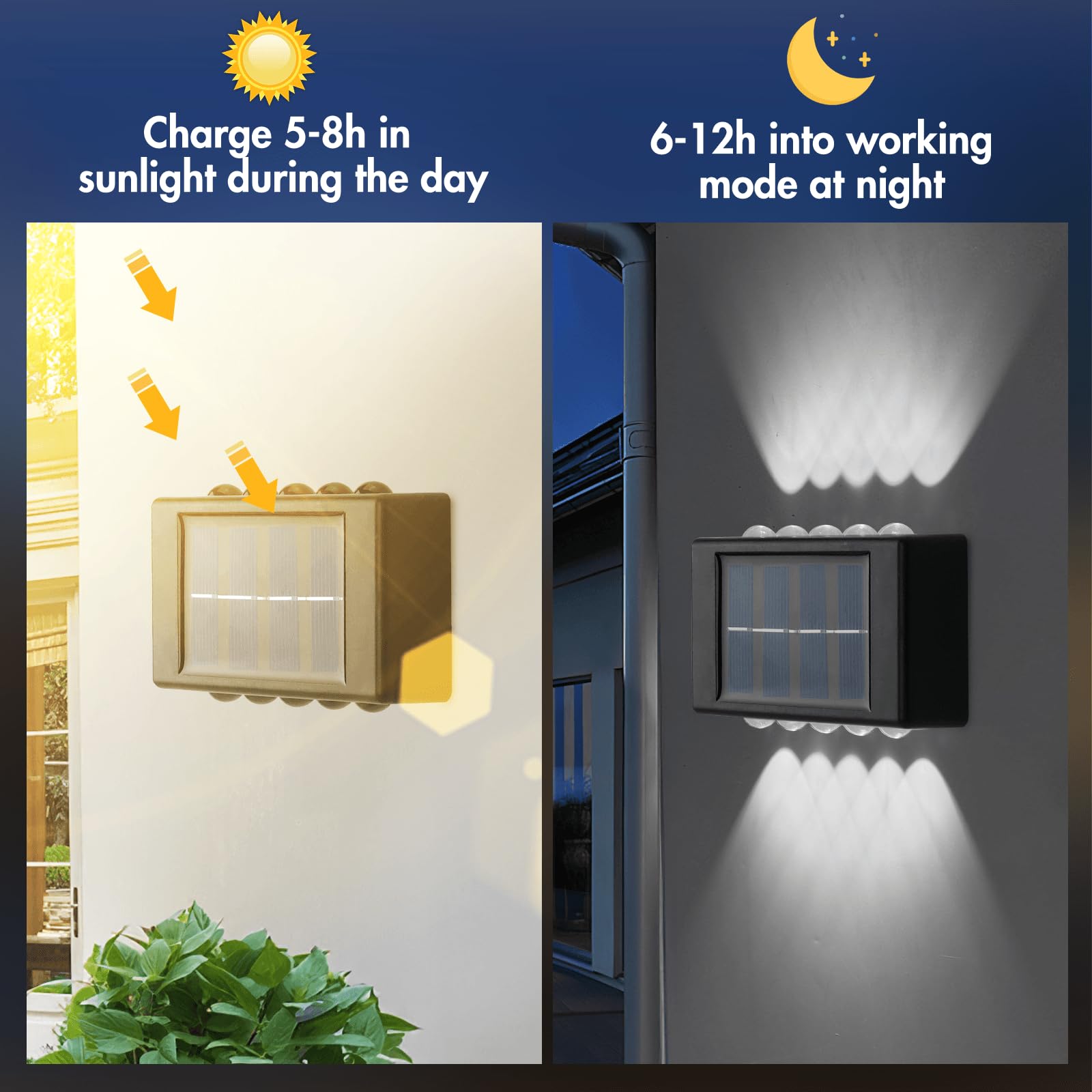 YUNYODA 4 Pack Solar Fence Lights, 10 LED Solar Wall Lights Outdoor with Up & Down Lighting - Image 3