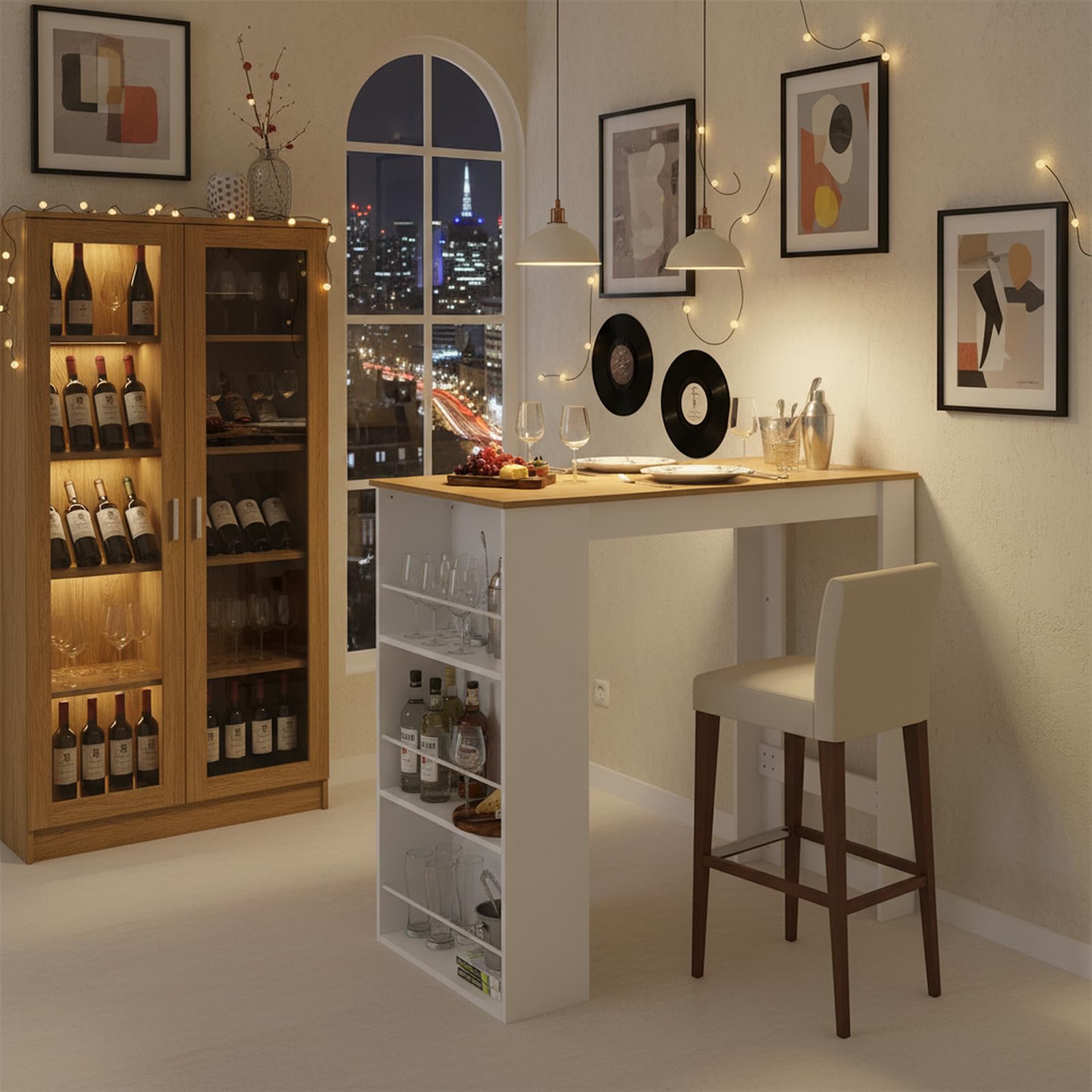Tavolo da cucina con sedie, rovere scuro + 4 sgabelli alti bianchi | Set sala da pranzo (tavolo con 4 sedie), tavolo bar con vano contenitore per cucine, sale da pranzo e bar
