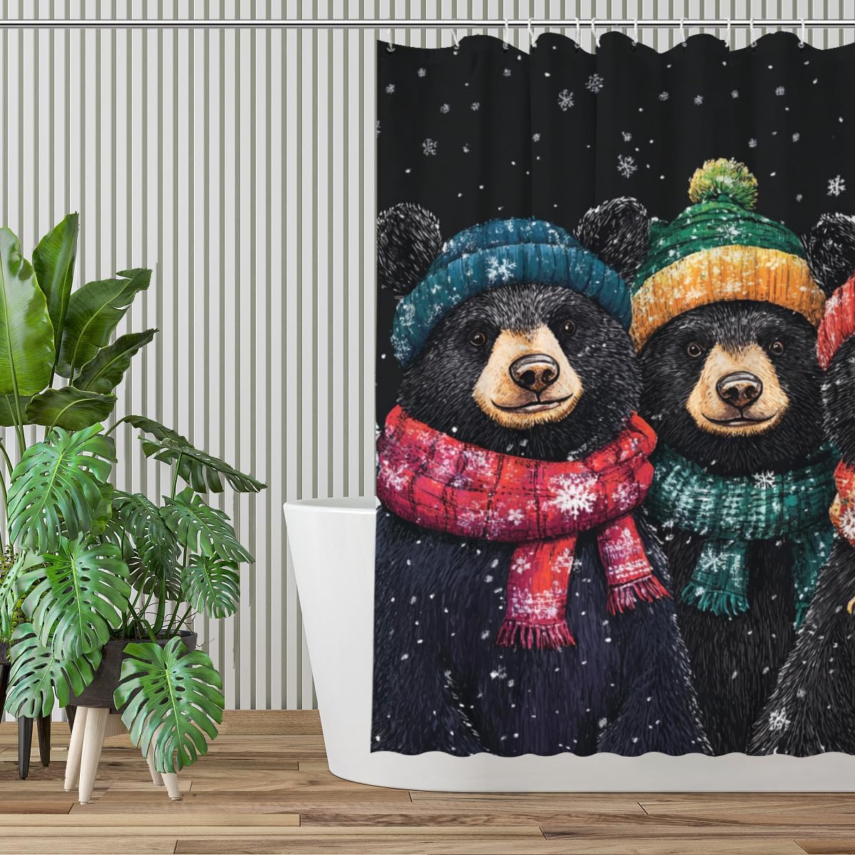NGZ Winter 72x72 Inches Shower Curtain Christmas Shower Curtain, Cute Black Bear Shower Curtains for Bathroom, Snow Fabric Bath Curtains Set with 12 Hooks
