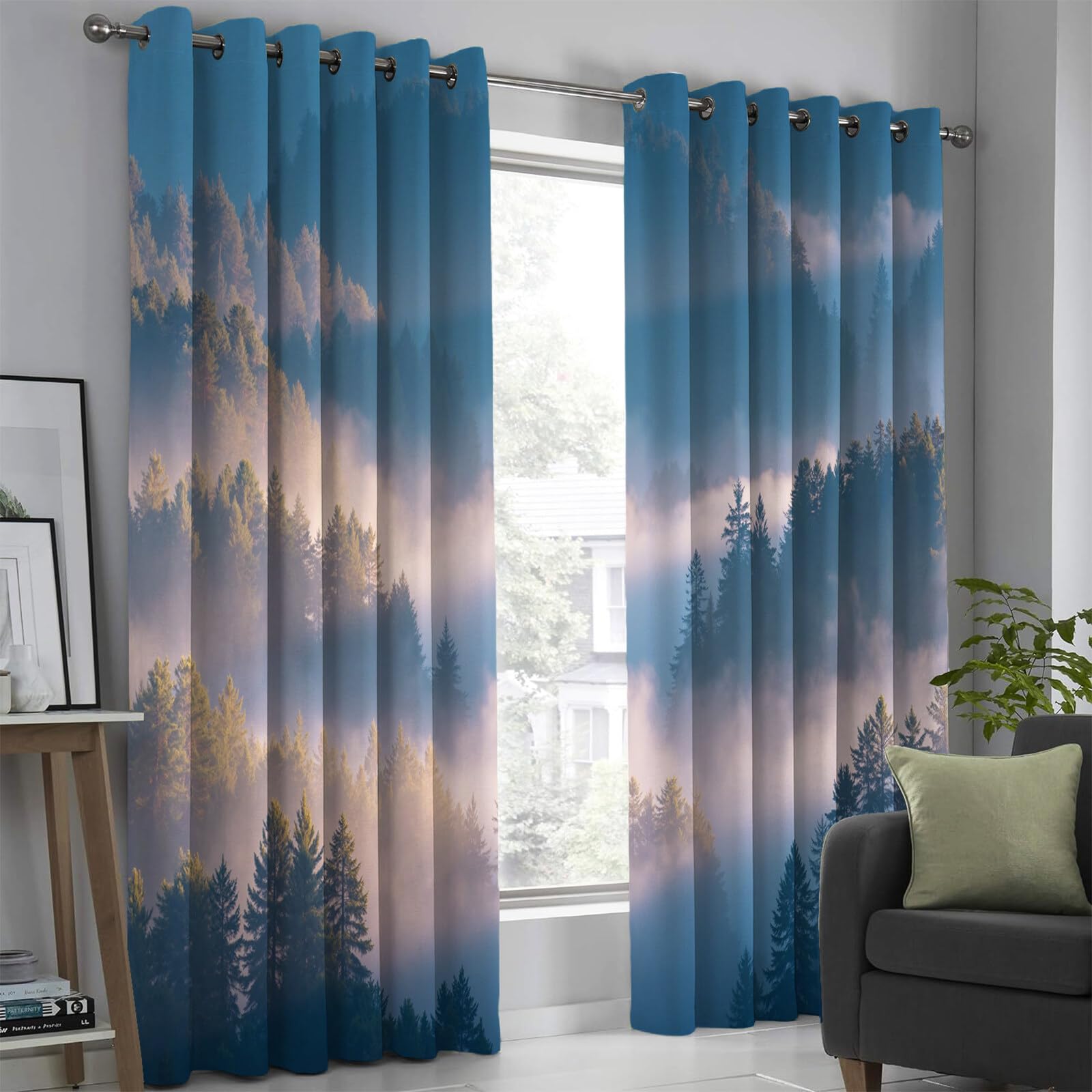 Tende Oscuranti Termiche Isolanti Con Occhielli,3D Digitale Foresta Nebbiosa Stampa Daiqing Stile Foresta Nebbiosa Tenda Isolante Camera Da Letto 140L X 280A Cm,Decorazione Di Finestr