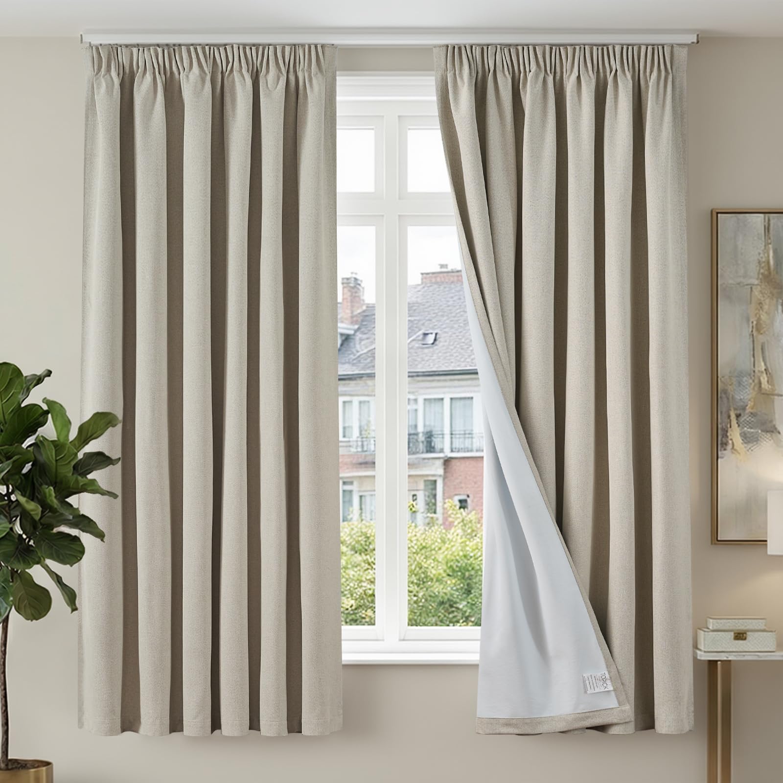 TOPICK 100% Blackout Curtains with Coating Back for Bedroom, Thermal Insulated Energy Efficiency Curtains, Pencil Pleat Soundproof Curtain 2 Drapes for Living Room, Nursery, 46 X 72 Inch, Light Linen