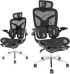 Cadeiras de Escritório Ergonômicas com Suporte Lombar, Encosto e Apoio de Cabeça Ajustávels, Tela Mesh Respirável, com Rodizios Forte, Suporta 150kg – Ideal para Home Office e Jogos（Preto）