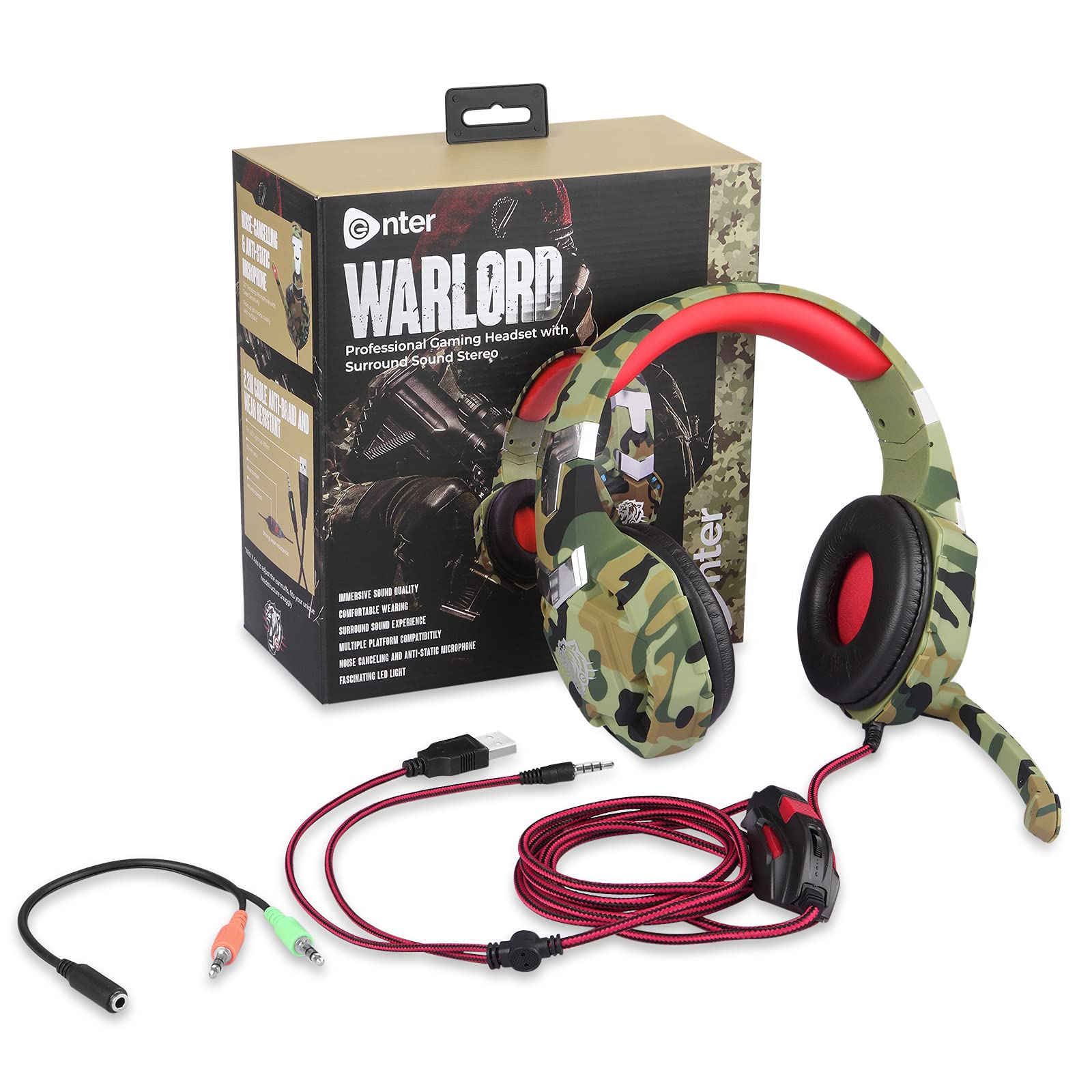 Enter Warlord Wired Gaming Headphone with 40mm Driver, Adjustable Headband with RGB Lights and Passive Noise Cancellation with Free Y Splitter, Camoflauge (B09BVTMCYR) Amazon Price History, Amazon Price Tracker