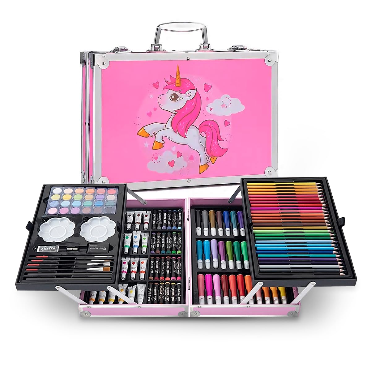 Raganet, Professional Art Set with 145 Pieces, Drawing Set with Feathers, Colors, Paints, Aquarelles and Crayolas, Painting Kit with Portable Organizer Case in Pink Briefcase Shape
