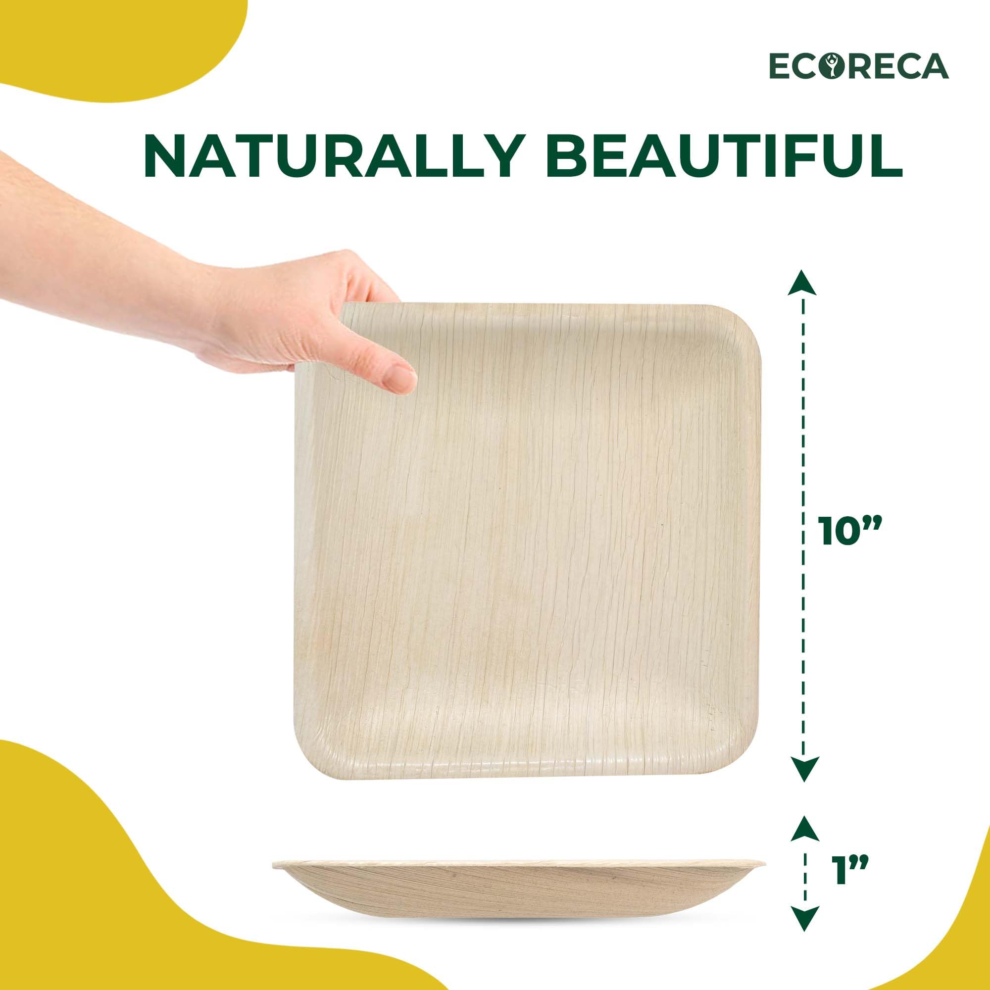 ECORECA 50-Pack Biodegradable Palm Leaf Dinnerware Set | 10-Inch Square Plates |Eco-Friendly and Microwave Safe |Disposable Plates- Design for Wedding, Parties,BBQ,Events