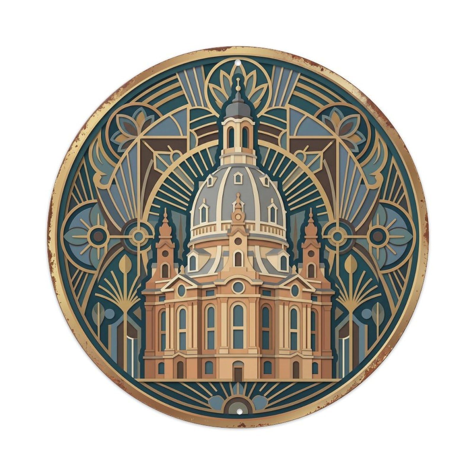 Dresden Layered Church Travel Metal Tin Sign Plaque Wall Decor for Cafe, Club, Garden Round Metal Poster 8x8Inch