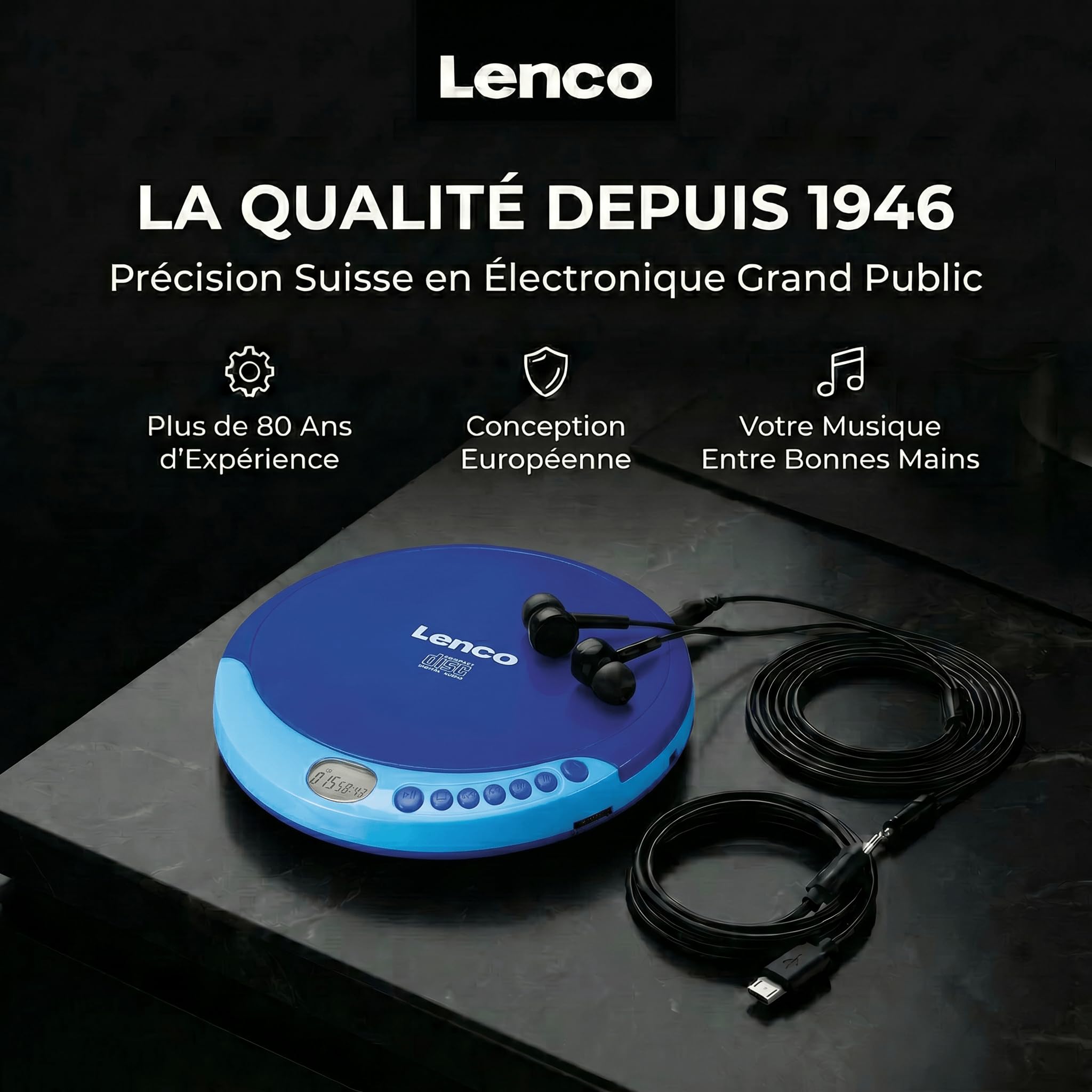Lenco CD-011 - Lecteur CD portable avec fonction de recharge de la batterie -Diskman - CD Walkman - Avec écouteurs et câble de recharge micro-USB - Écran LCD - Bleu