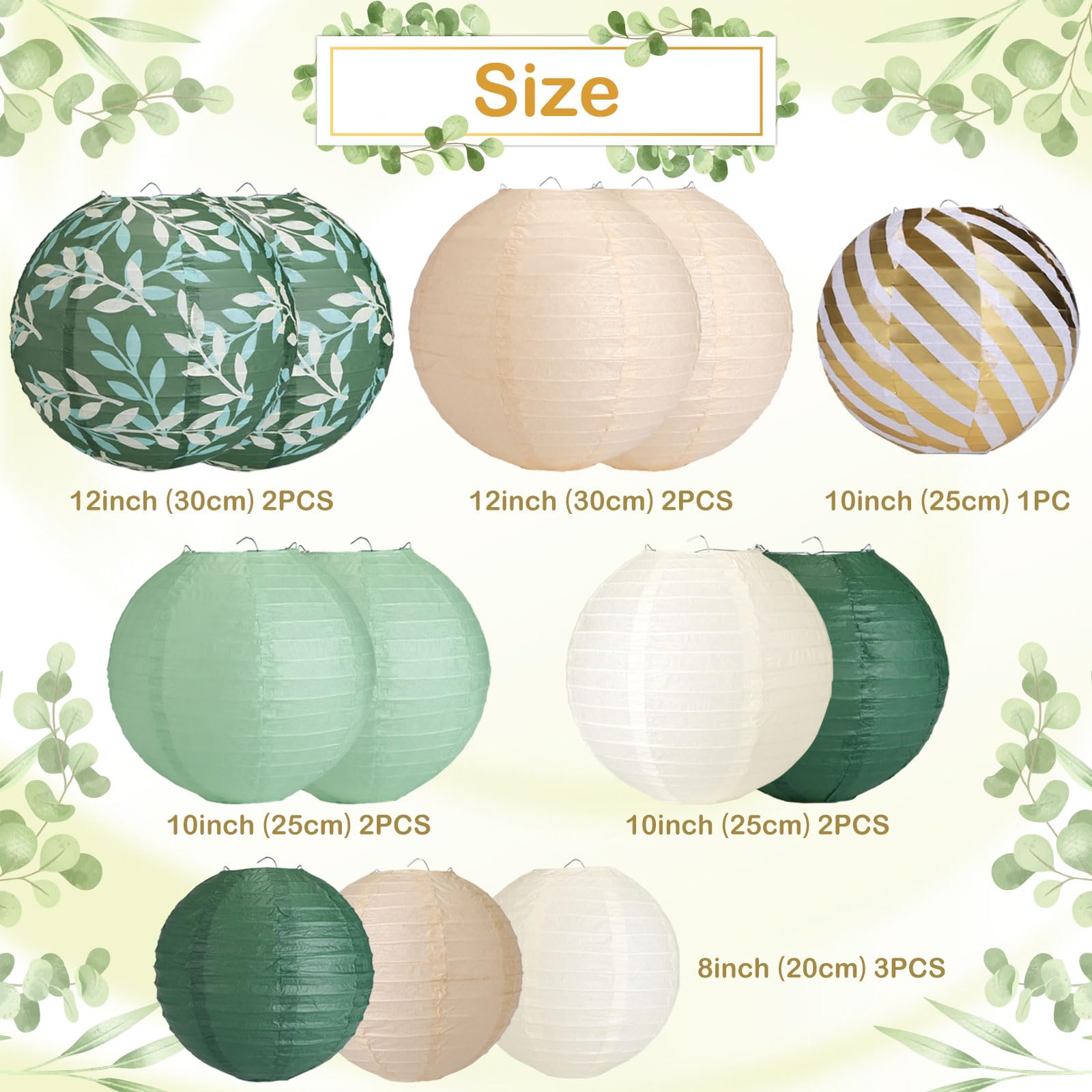 Ensemble De Lanternes Rondes En Papier, Or, Ivoire, Vert Sauge, Décor De Ixd'Anniversaire Et De Mariage, Ornement Artisanal à Pompon, 6/10/12/15 Pièces