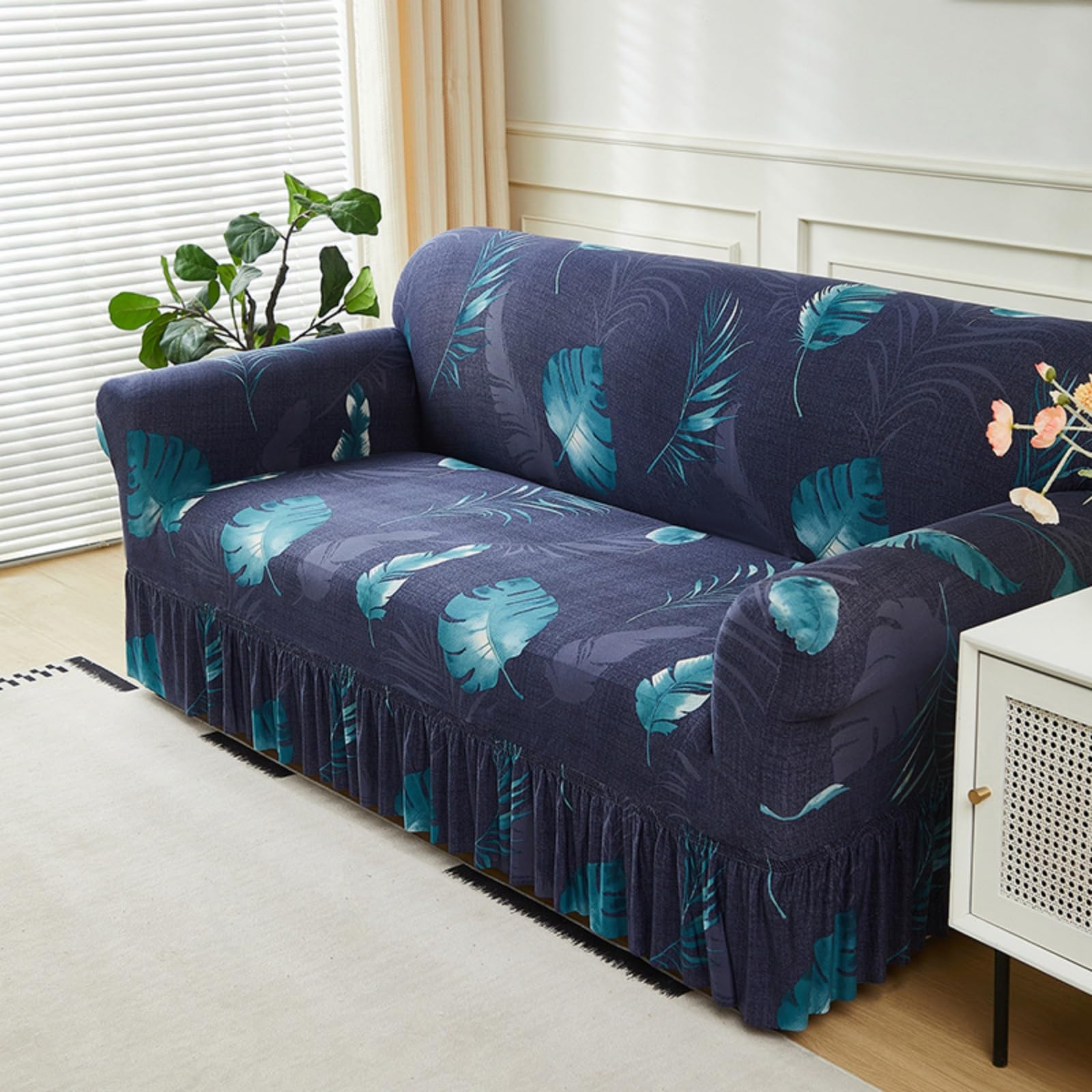 Surwin Stretch Sofa Cover 1 2 3 4 Seater, Blue Sofa Slipcover with Skirt Elastic Fit Non Slip Couch Cover Washable Thick Furniture Protector for Living Room Pets Cats (Monstera,4 Seater)
