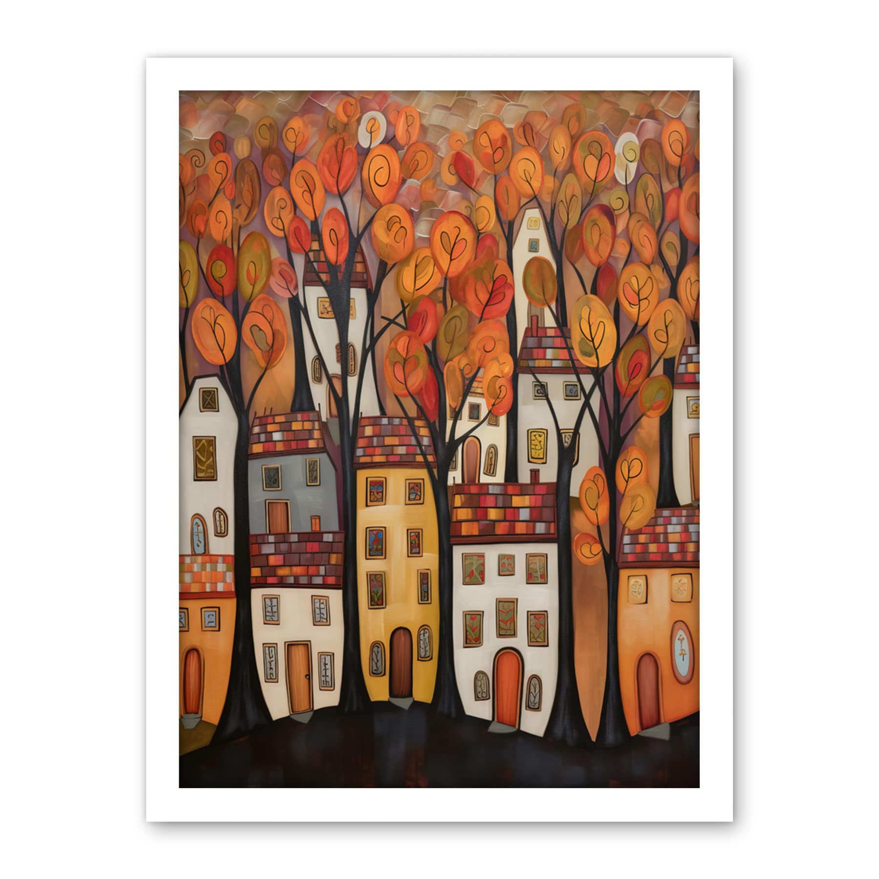 Artery8 Cityscape With Trees In Autumn Contemporary Folk Art Painting Artwork Framed Wall Art Print 18X24 Inch