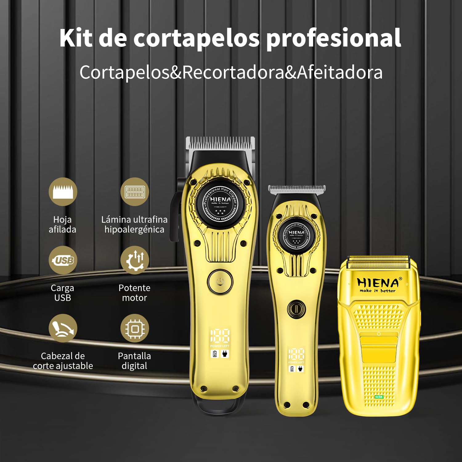 HIENA PRO Kit Barbería 3 en 1 para Hombre, Maquina de Cortar Pelo Hombre, Recortadora de Barba y Máquina de Afeitar con Pantalla LED - Inalámbrico, Accesorios y Funda Incluidos
