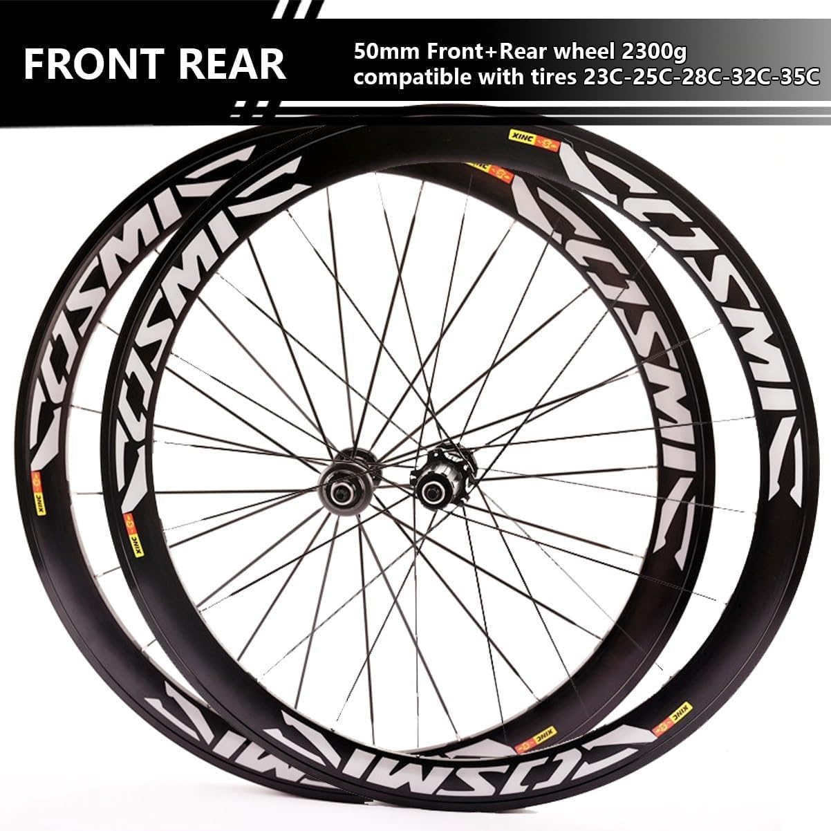 Roues Avant et arrière 700C pour vélo de Route, Freins V-Brake, Jantes 40/50 mm en Alliage d'aluminium, moyeux à Blocage Rapide pour Cassettes 7/8/9/10/11/12 Vitesses Rear Wheel,50mm