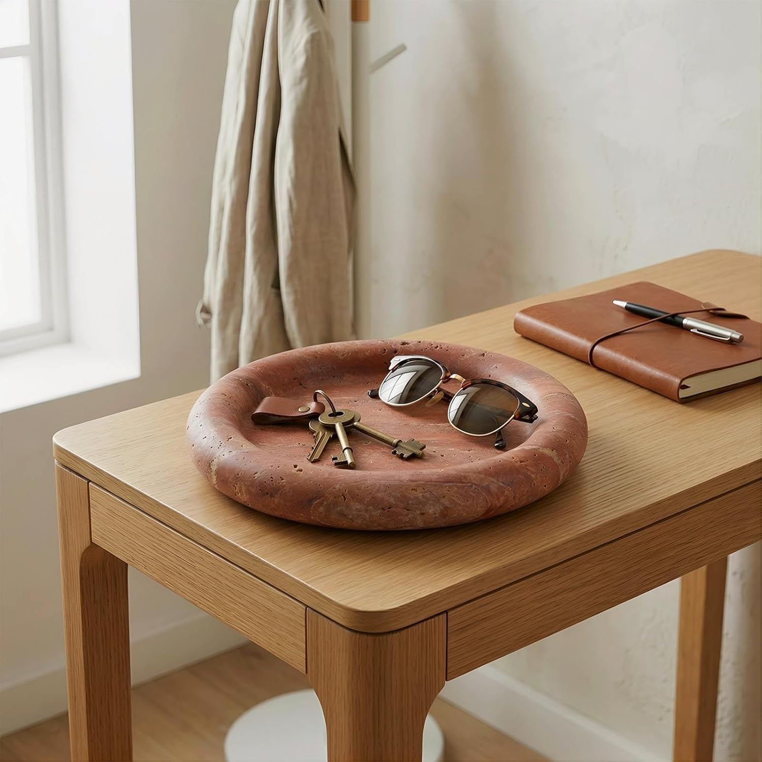 Red Travertine Makeup Organizer Tray - 8inch Round Decorative Storage Tray for Jewelry, Perfume, and Cosmetics | Natural Stone Vanity Tray for Bathroom, Bedroom, Coffee Table
