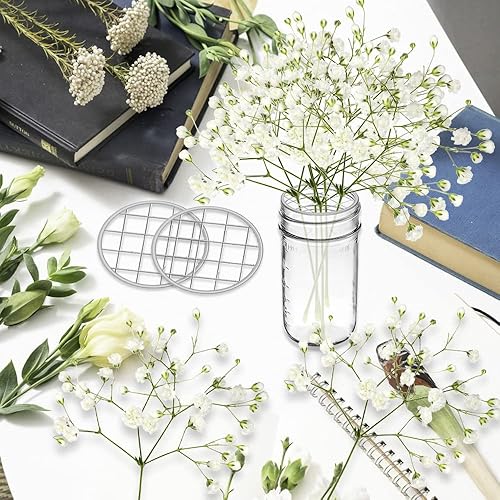 Miniatura 3 de DLAND Paquete de 20 tapas de rejilla con arreglos florales para tarros Mason – Insertos de rana de flores de metal resistentes al óxido con rejillas