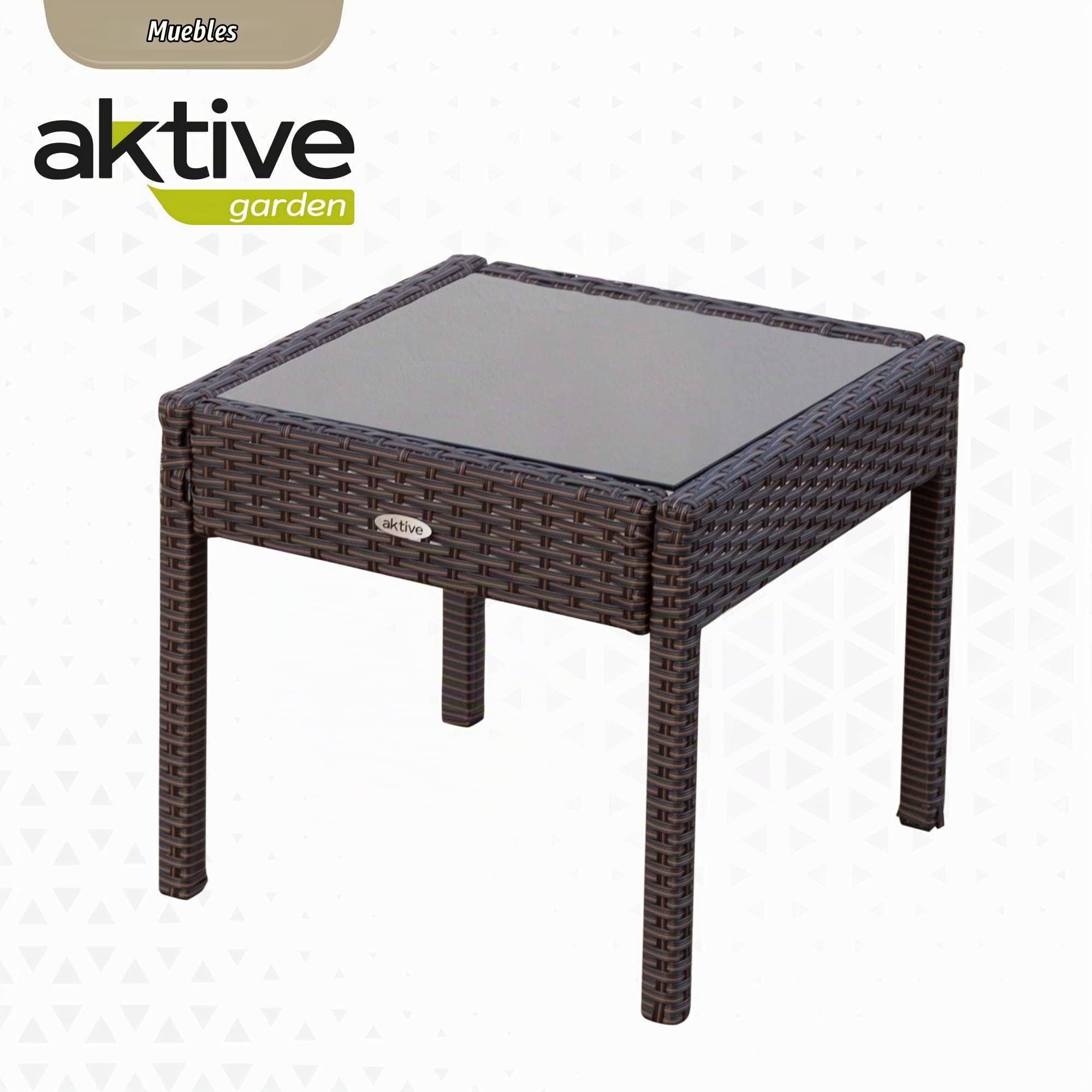 AKTIVE 61068 - Set muebles para jardín y terraza ratán, Muebles terraza exterior, incluye 2 sillones jardín exterior con cojín acolchado y 1 mesa terraza exterior, Conjunto jardín exterior, Oscuro