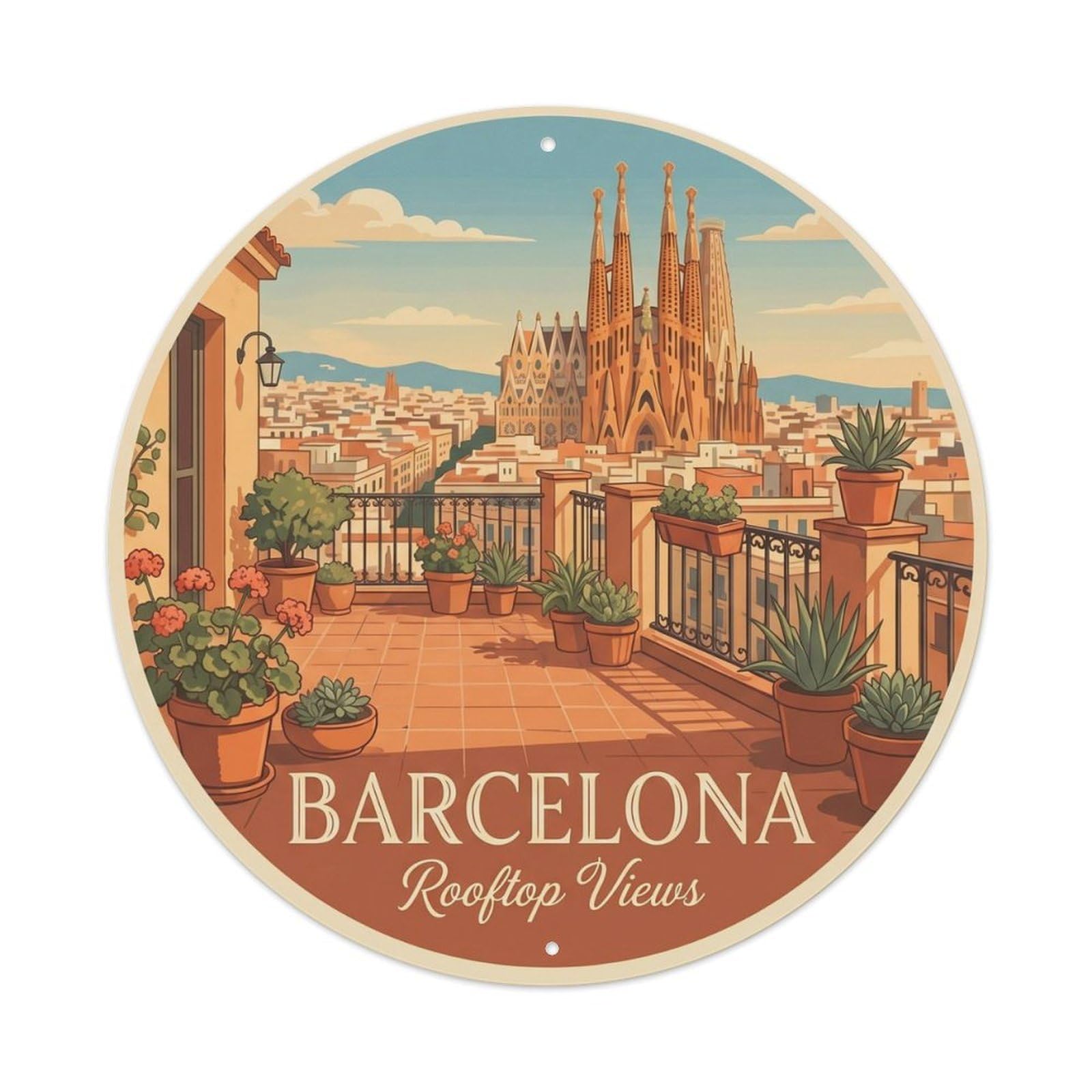 Vintage Travel Barcelona Rooftop Terrace View Metal Tin Sign Plaque Wall Decor for Cafe, Club, Garden Round Metal Poster 8x8Inch