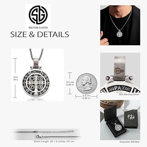 Miniatura 6 de bysilvergates Religious Collection - Men's 925 Sterling Silver Pendants St Christopher, St Michael, St Benedict - Timeless Faith-Inspired Necklaces