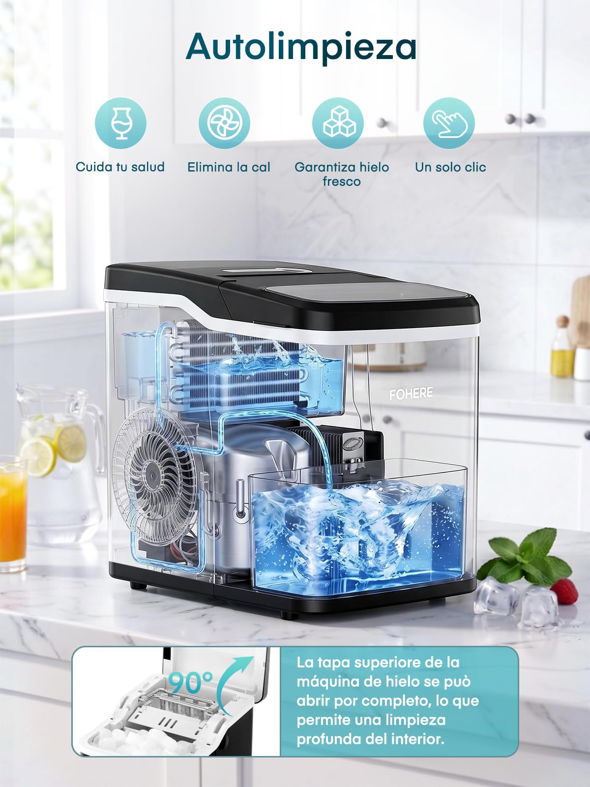 FOHERE Máquina de Hacer Hielo de Encimera, 9 Cubitos en 5 Min, Capacidad 14KG/24H, Máquina de Hielo Autolimpiable con Tapa Completamente Abrible, 2 Tamaños, para Casa, Cocina, Oficina, Camping