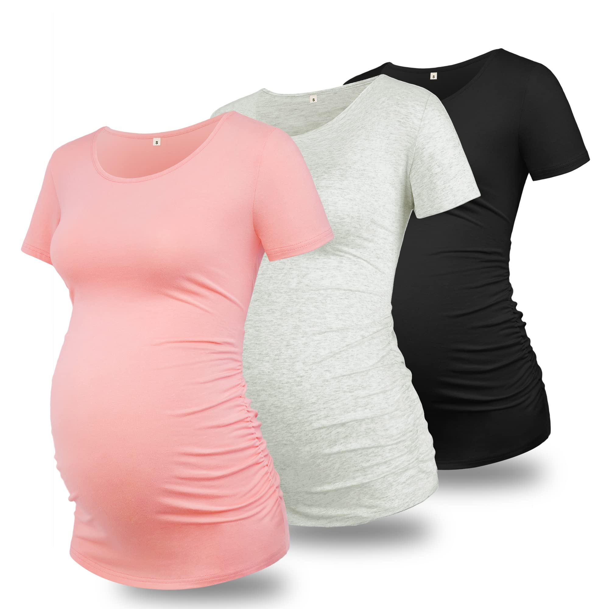 GLAMIX Women's Maternity T Shirts Side Ruched Short Sleeve Basic Pregnancy Tops