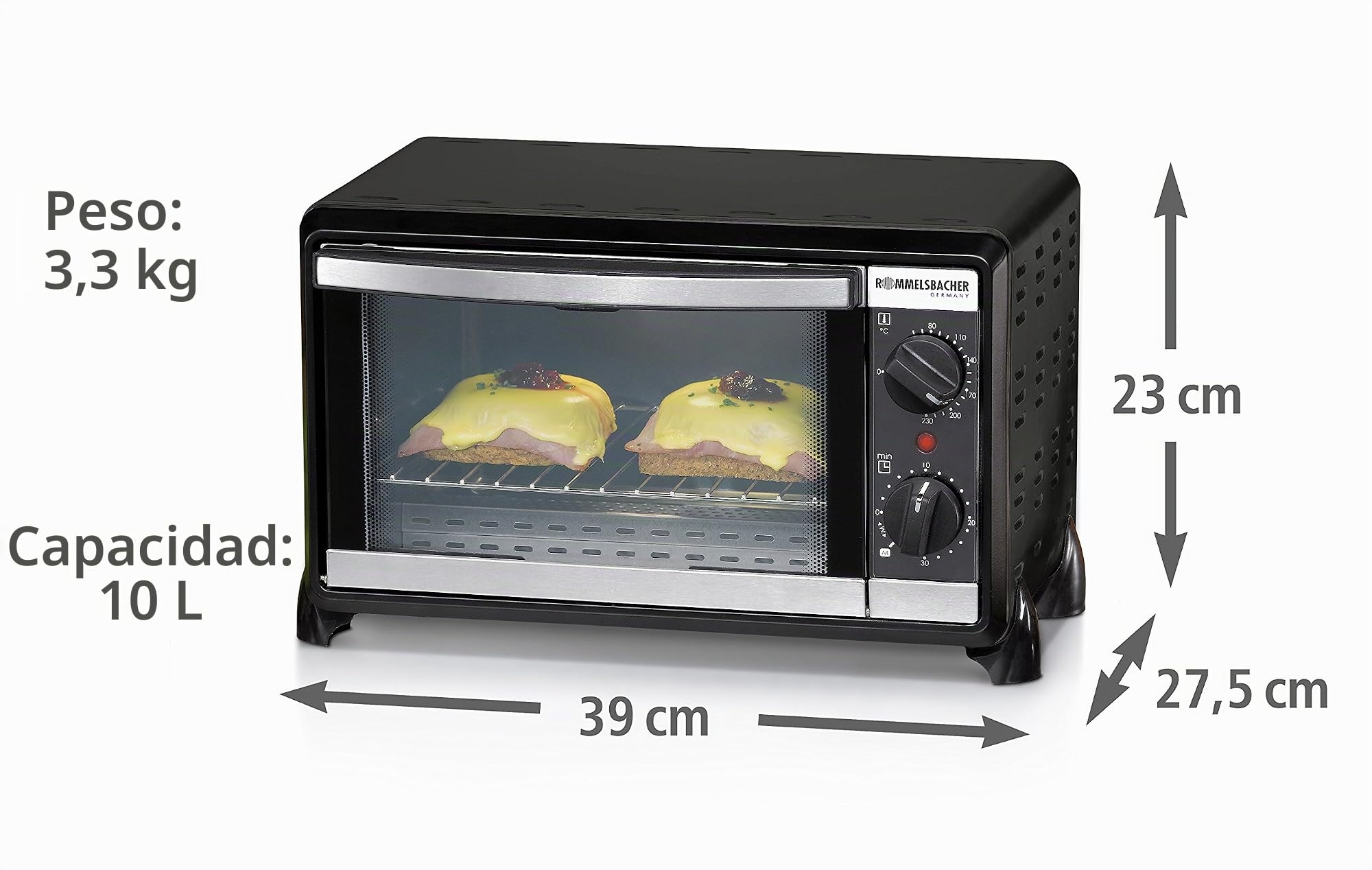ROMMELSBACHER Horno pequeño BG 950 "Speedy" – 10 litros de espacio para hornear, 2 elementos calefactores de cuarzo, temperatura de 80 – 230 °, calor superior/inferior, temporizador, cámara