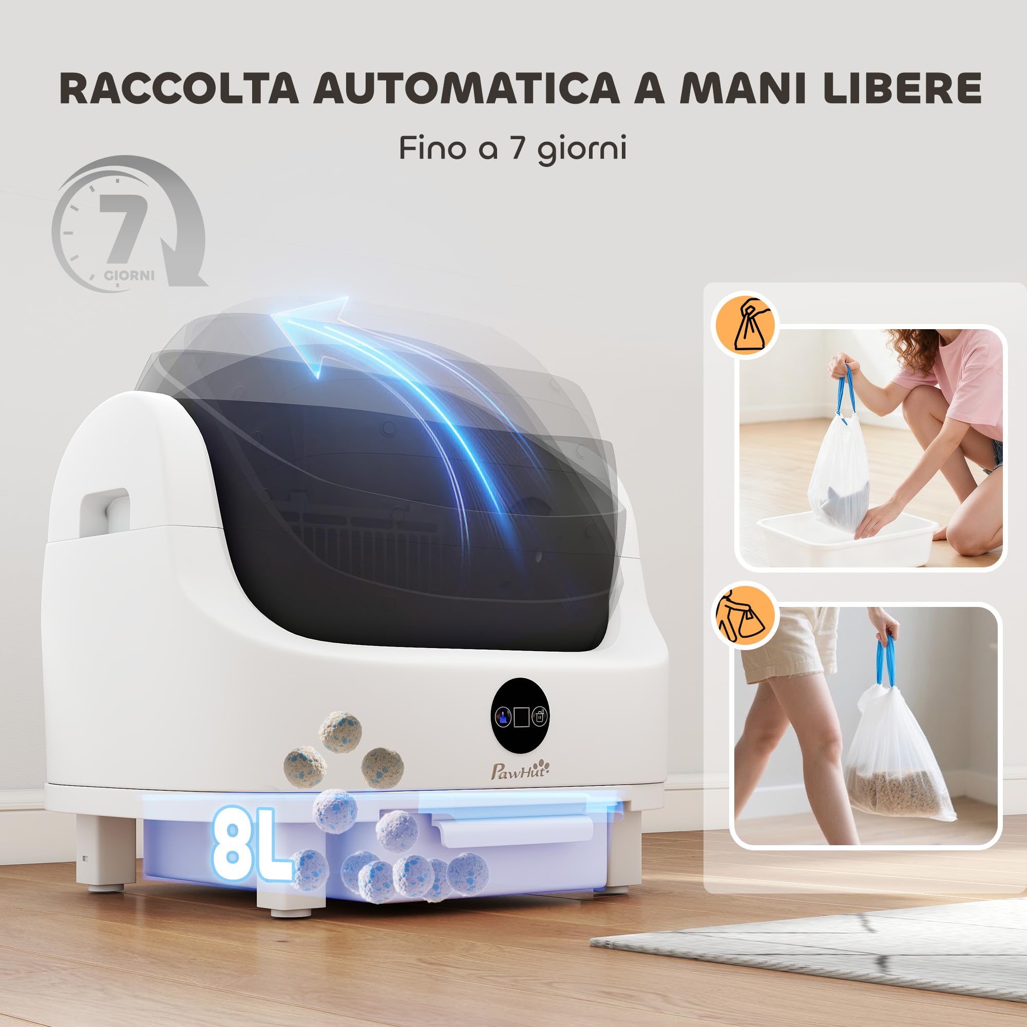 PawHut Lettiera Gatto Autopulente, Lettiera Automatica per Più Gatti | Design Aperto, Sensori di Sicurezza, Deodorante, Contenitore Rifiuti 8L, Sacchi Spazzatura, Silenzioso, per Gatti 1-5 kg