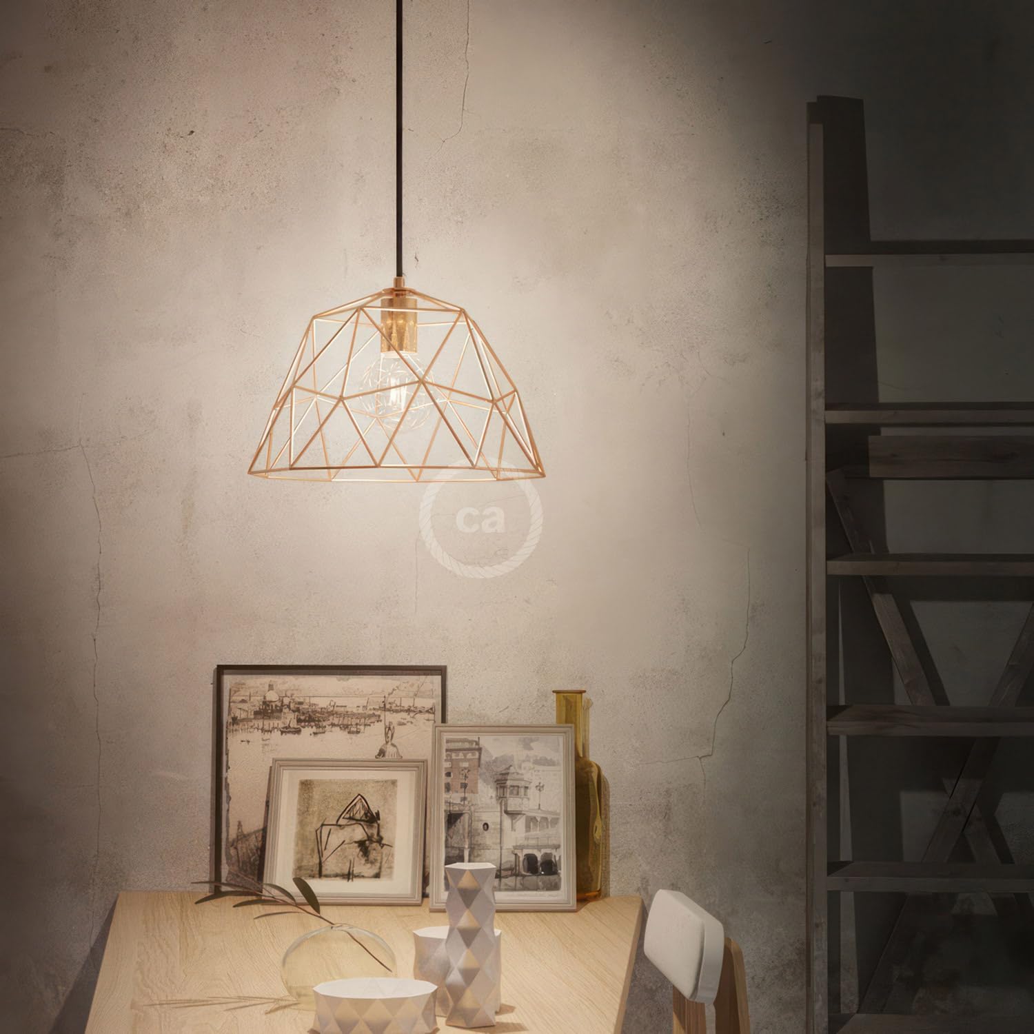 Lámpara colgante hecha en Italia con cable textil, pantalla Dome y detalles metálicos - Con bombilla, Cobre