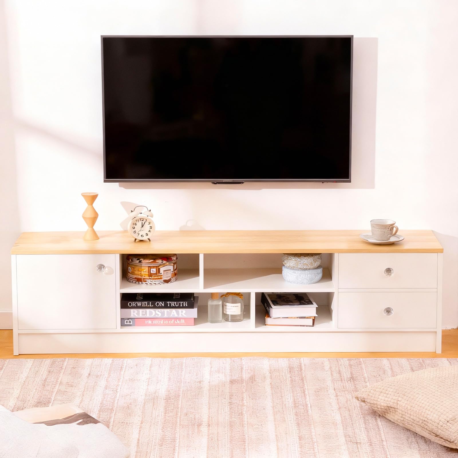 Mobile TV Nordico 140×30 cm – 1 Anta, 2 Cassetti e 4 Ripiani Aperti, Piano Effetto Legno Chiaro & Struttura Bianca, Design Moderno per Soggiorno o Camera