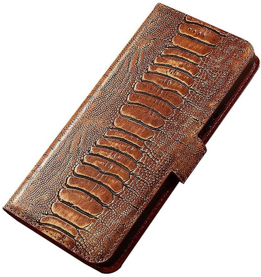 Coque iPhone 12 Pro en cuir d'autruche élégante et étui à rabat marron chic