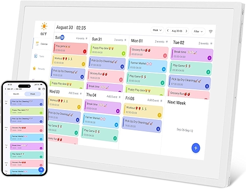 Agenda digital de 25 cm e tabela de tarefas, tela sensível ao toque IPS HD, planejador familiar inteligente, compartilhe fotos/vídeos pelo aplicativo.