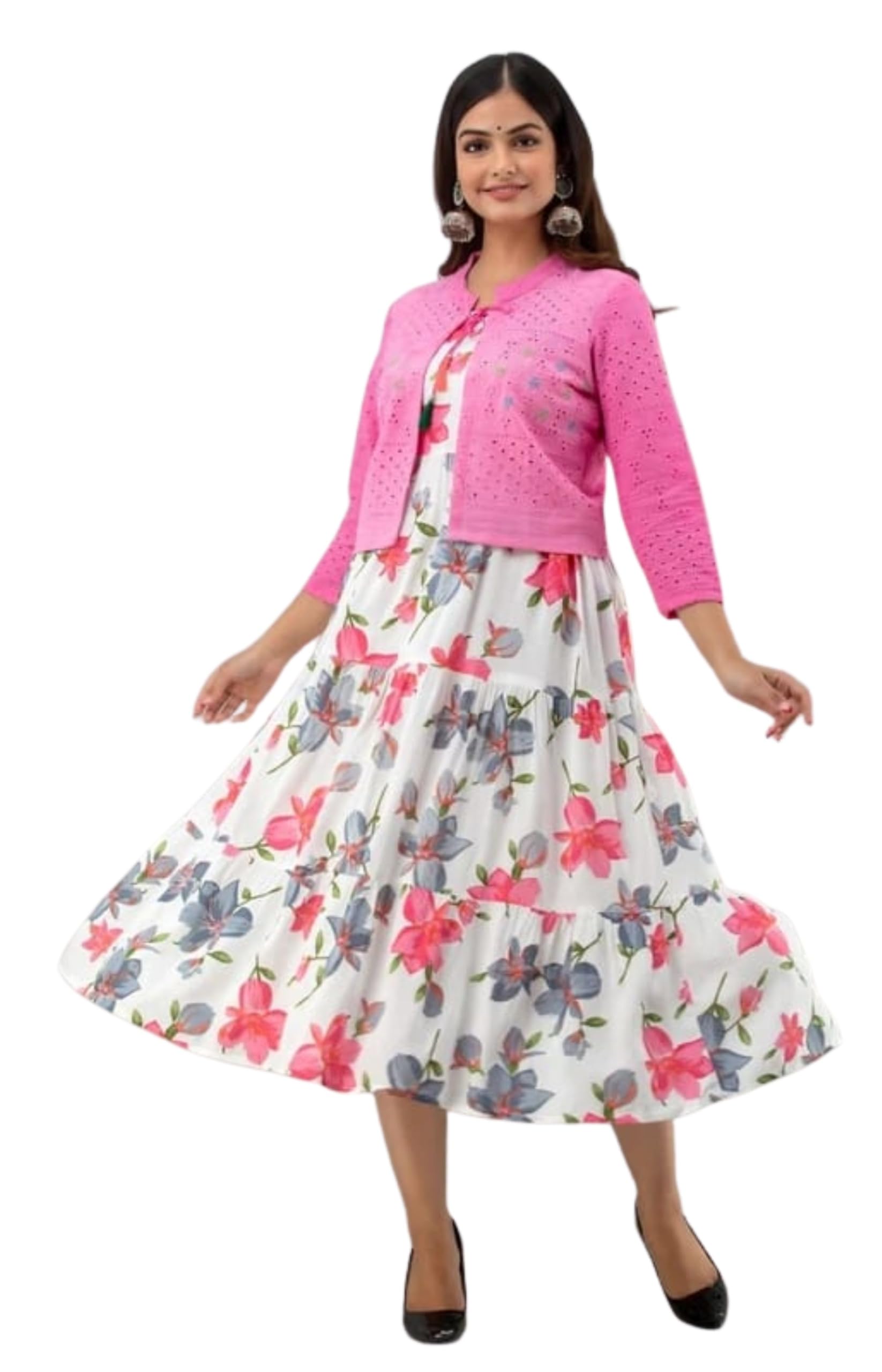 Women's Cotton Fabric 3/4 Sleeves Floral Printed Long Anarkali Dress with Cropped Jacket for Office Parties & Casual Wear-picture-26