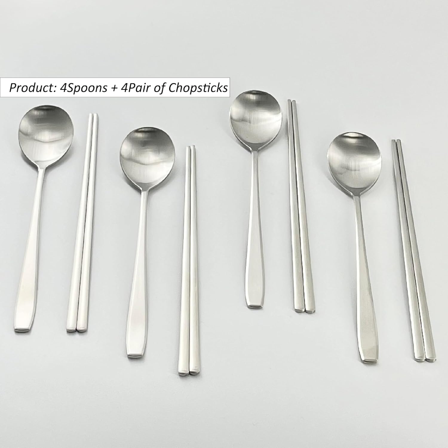 Korean Made Stainless Steel Silver Utensil Flatware Cutlery Korean Chopsticks and Spoons 4SET Gift for Mom, Stocking Stuffer