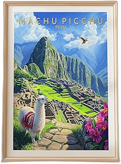 Machu Picchu Peru wall art print featuring the Incan ruins with a llama, a vibrant mountain landscape for travel decor and Andean culture souvenir gift