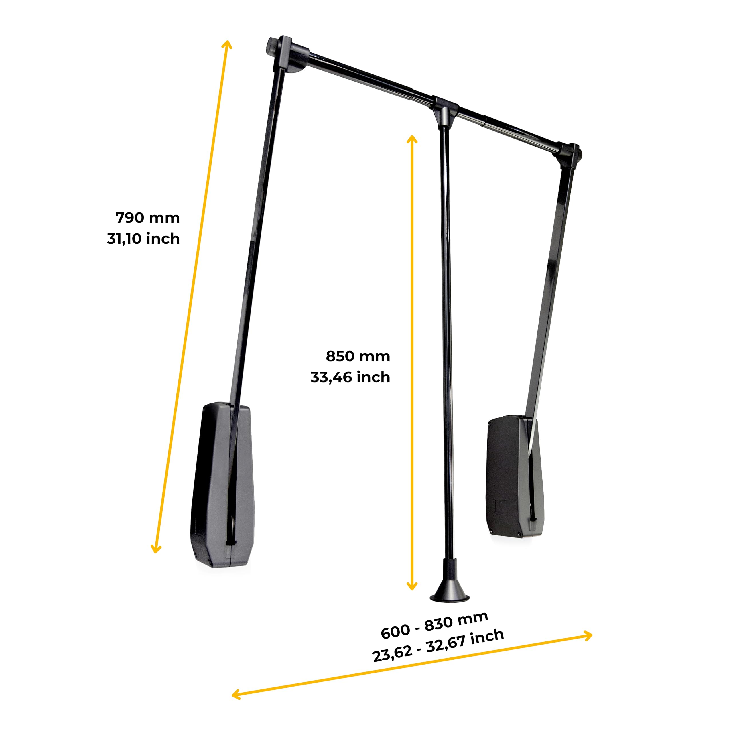 Emuca - Penderie rabattable pour armoire Hang mural, Barre de penderie escamotable, tringle relevable, largeur réglable 600-830mmmm, Noir, Acier et Plastique, 1 u