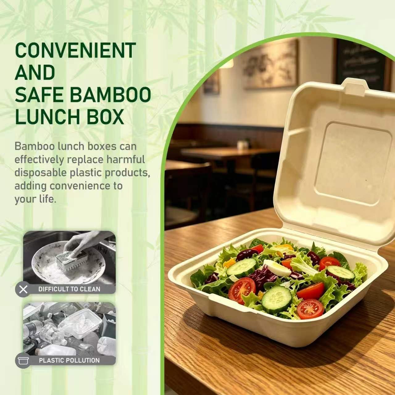 100 Pack 8x8 Compostable Clamshell Takeout Food Containers Sandwich Boxes | Heavy Duty Bamboo To Go Containers with Lids, Biodegradable Food Boxes for Burgers Sandwiches Cake, Microwave Freezer Safe