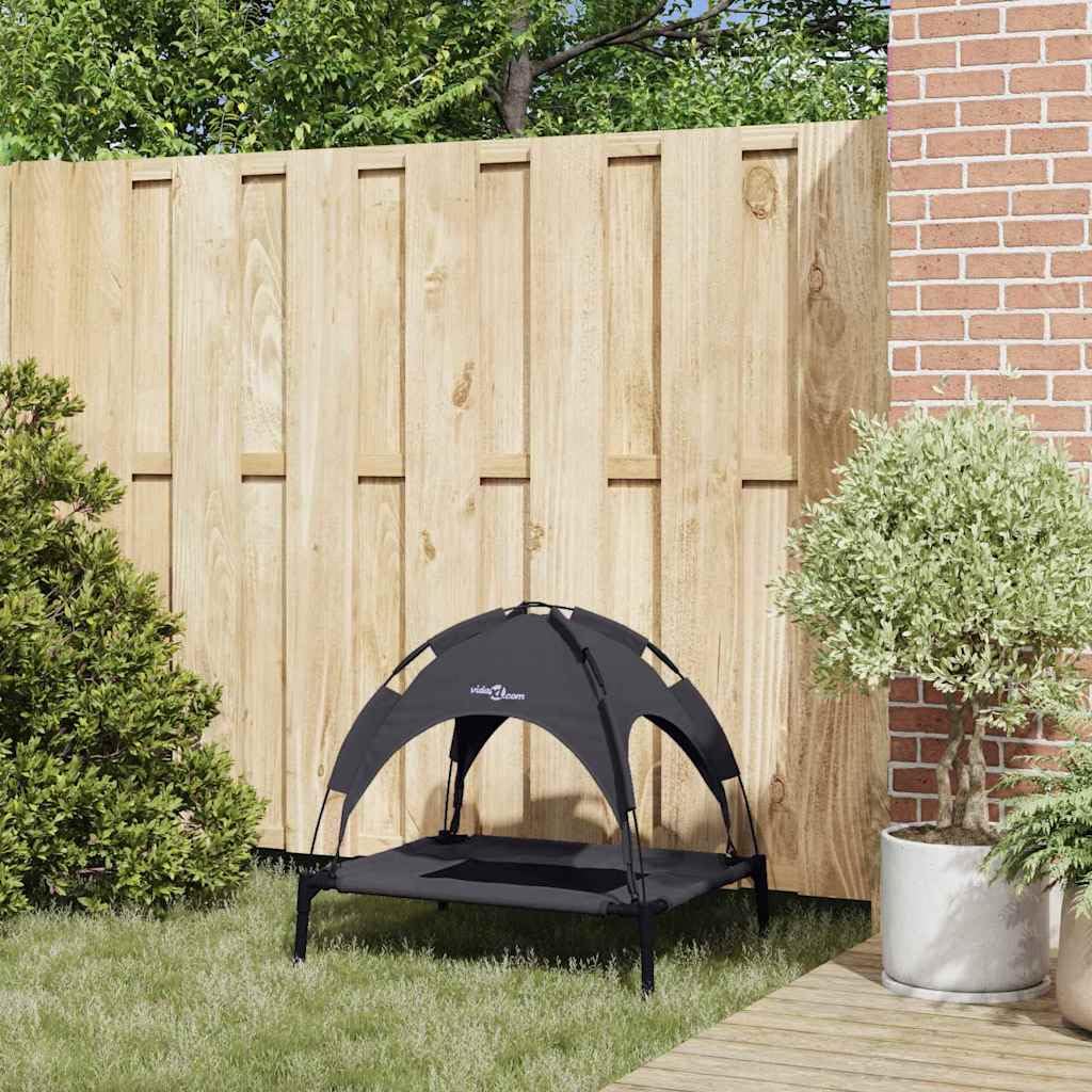 Cuccia per cani in acciaio nero, 76 x 62 x 70,5 cm, rialzata, traspirante, antigraffio, per interni ed esterni, con cuscino antiscivolo e tettuccio parasole rimovibile