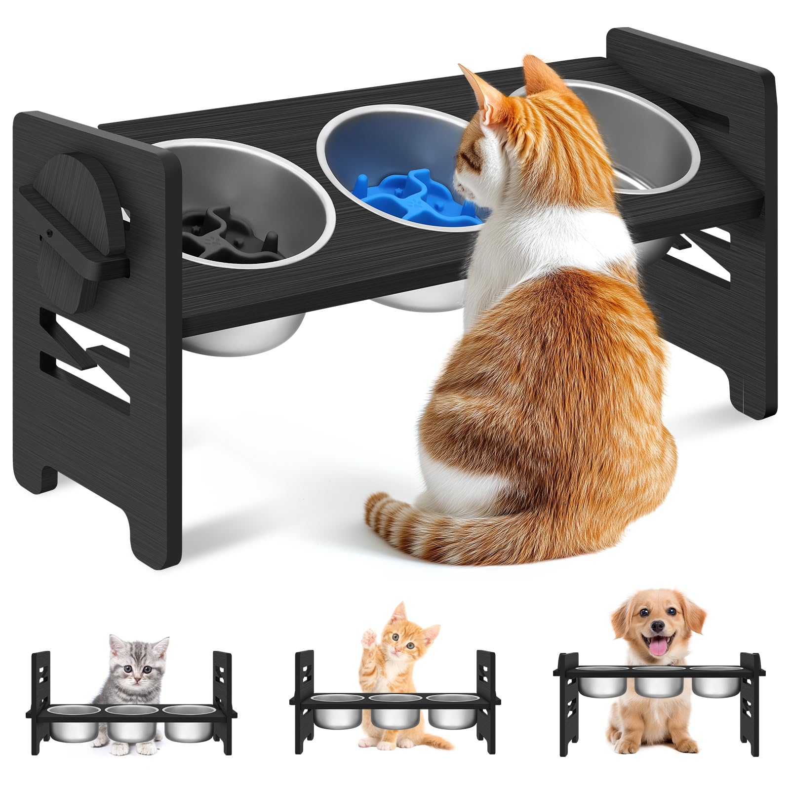 Mittimiya 3-teiliges Set Höhenverstellbar Katzennapf Erhöht, Erhöhter Futternapf Katze aus Bambus mit Edelstahl Näpfe für Wasser Futter, Futterstation Katze für Kleine Hunde und Katzen(Schwarz)