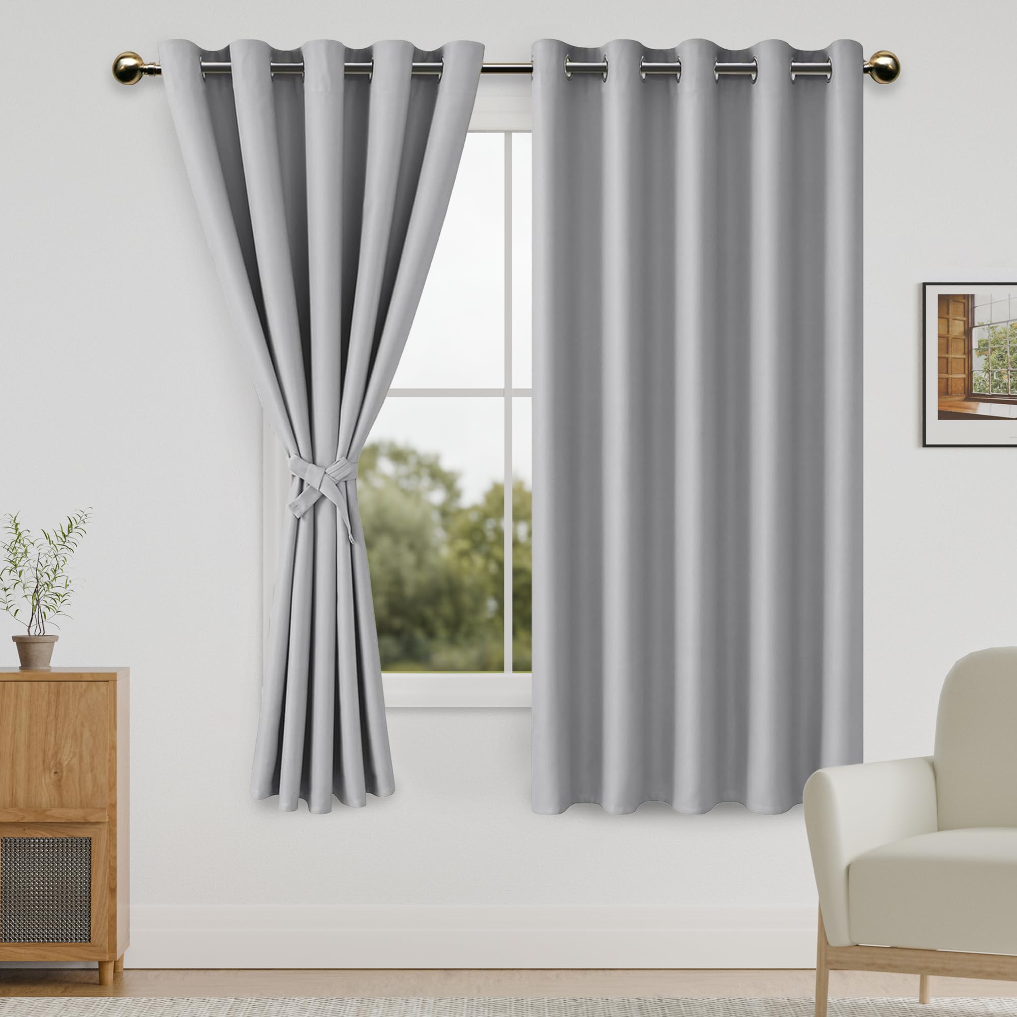 DWCN Blackout Curtains for Bedroom with Tiebacks - Room Darkening Privacy Grommet Top Window Curtains for Living Room, 60 x 63 inch Length, Silver Grey, Set of 2 Panels — image 1