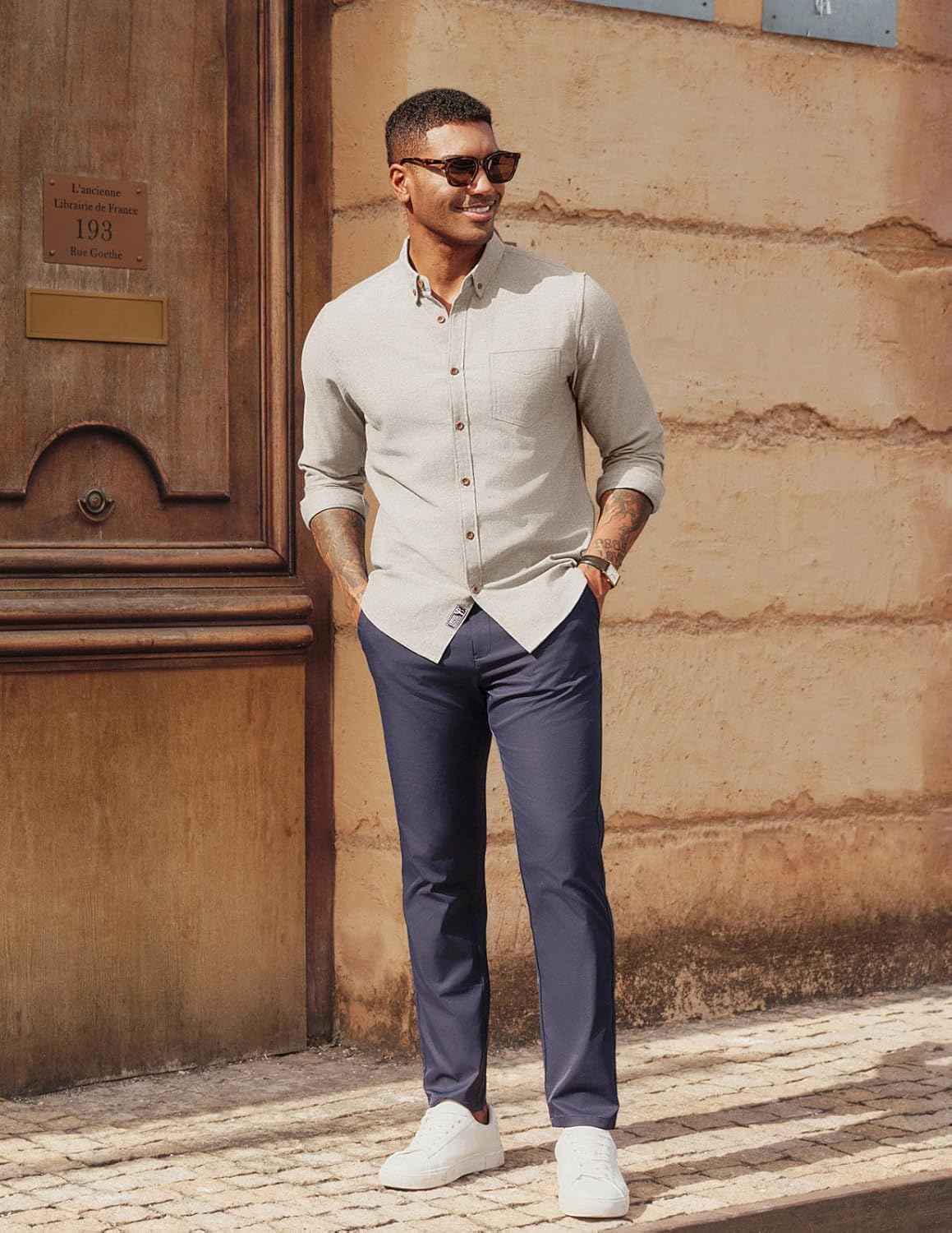 PJ PAUL JONES Mens Classic Fit Linen-Cotton Shirt Button Down Long Sleeve Casual Business Shirts - Image 3