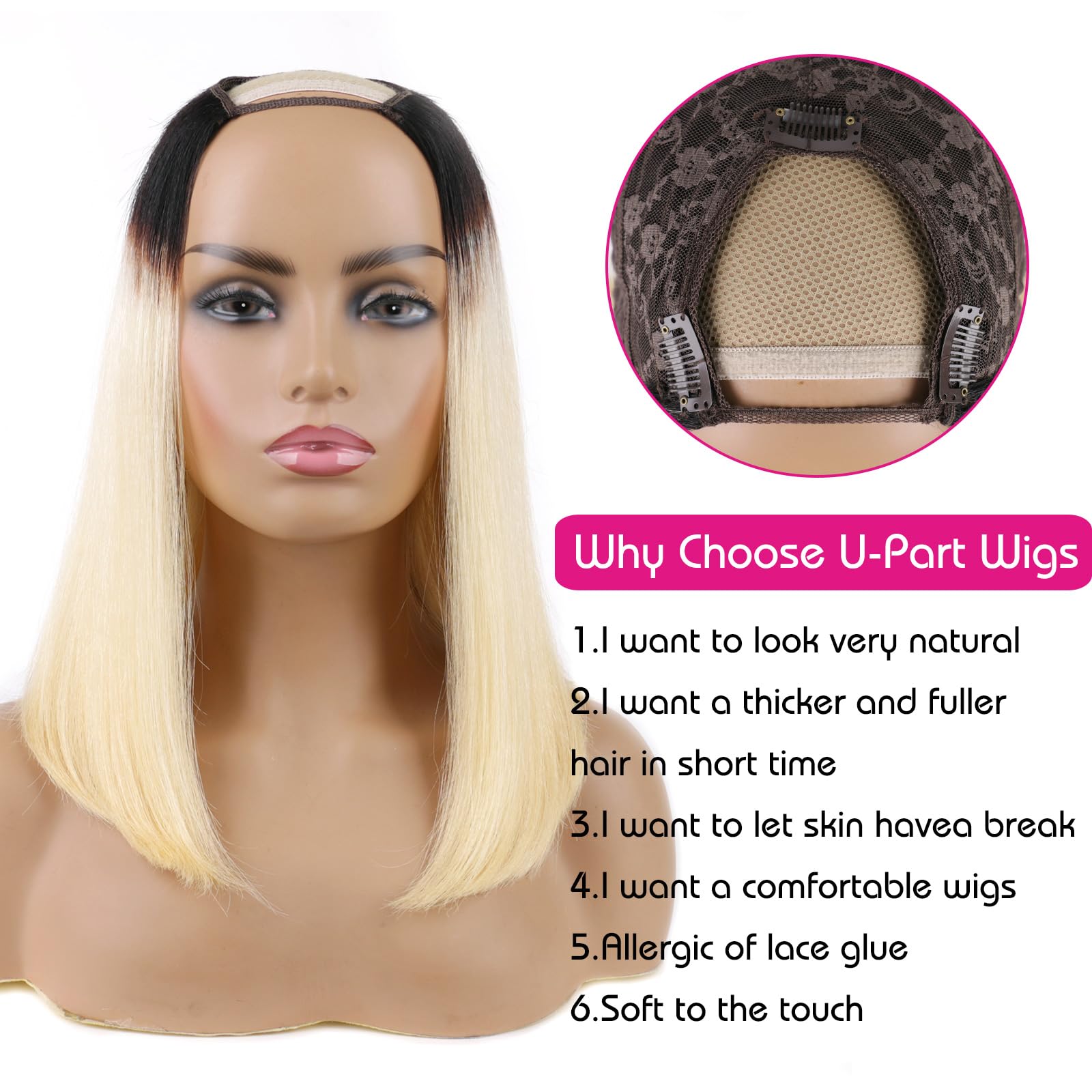 Huarisi Short U Part Bob Wigs Human Hair Ombre for Women 12 Inch 1B613 Bob Wig None Lace U Shape Black Roots to Bleach Blonde Look Natural - Image 2