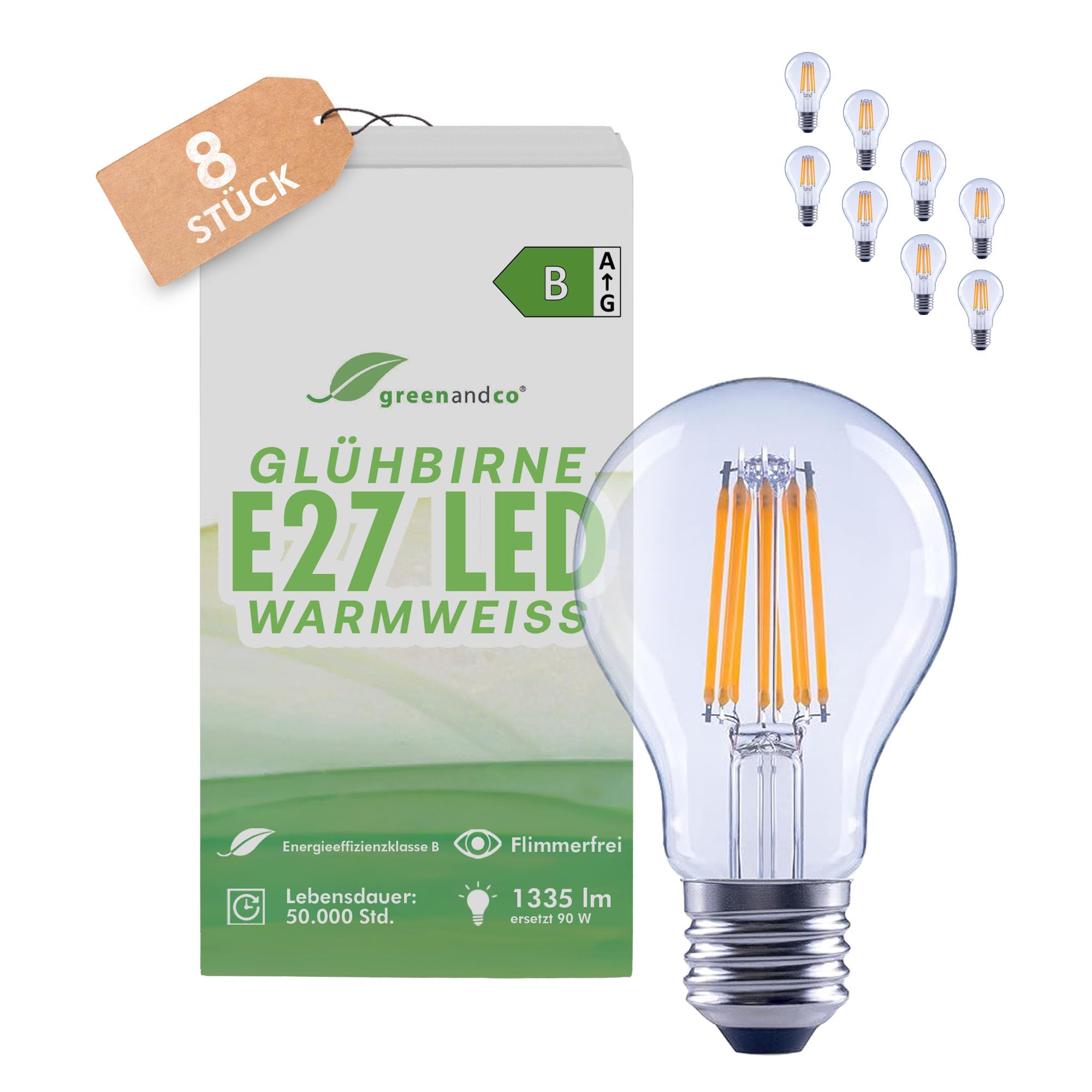 greenandco 8x Glühfaden LED Lampe | klar | CRI 90+ | E27 A60 | 7,2W 1335lm | ersetzt 90W | 3000K warmweiß | 320° | 230V | flimmerfrei | Energieeffizienzklasse B | nicht dimmbar