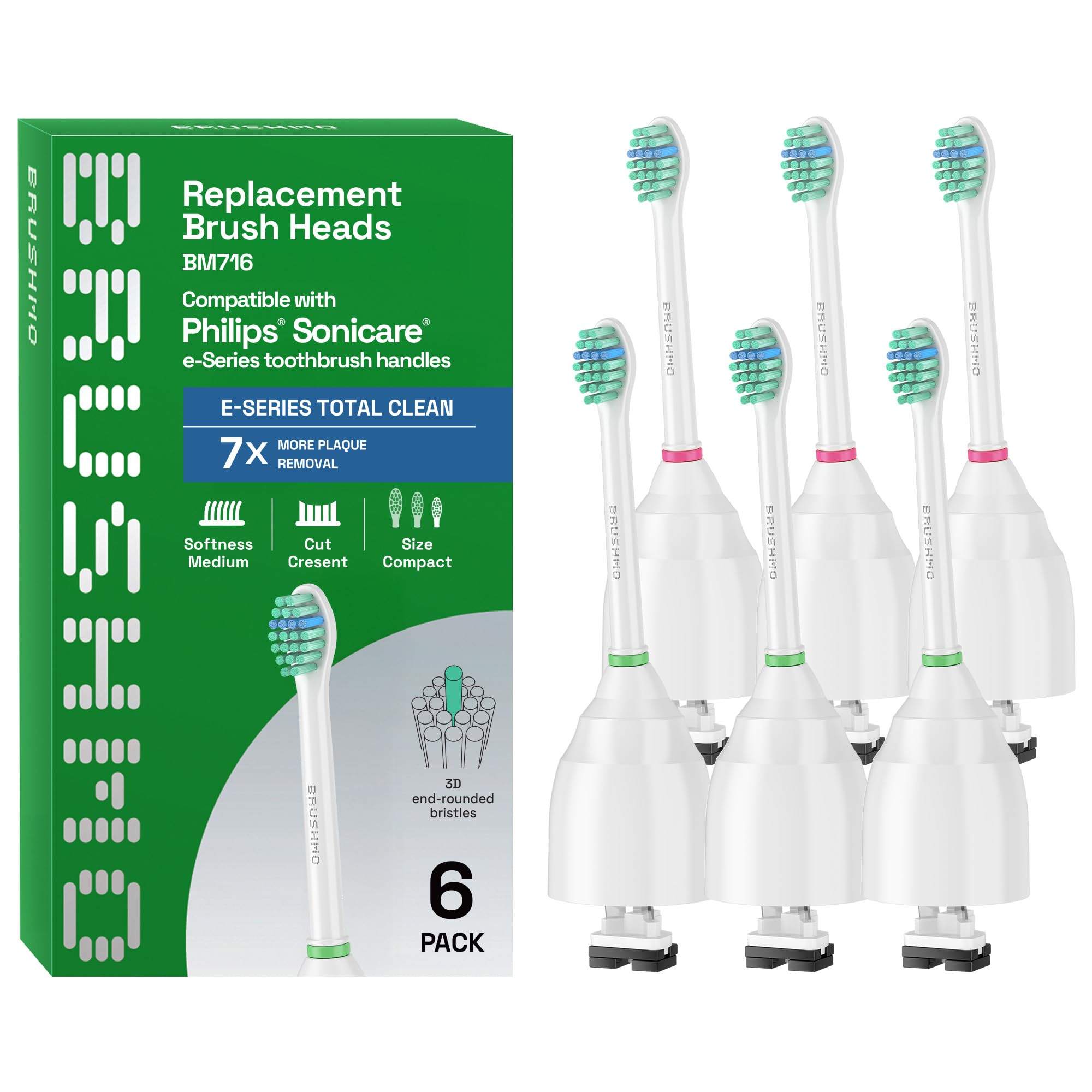 Brushmo e-Series Total Clean Replacement Toothbrush Heads, Compatible with Philips Sonicare Screw-on Electric Toothbrush Handles, 6 Compact Heads,
