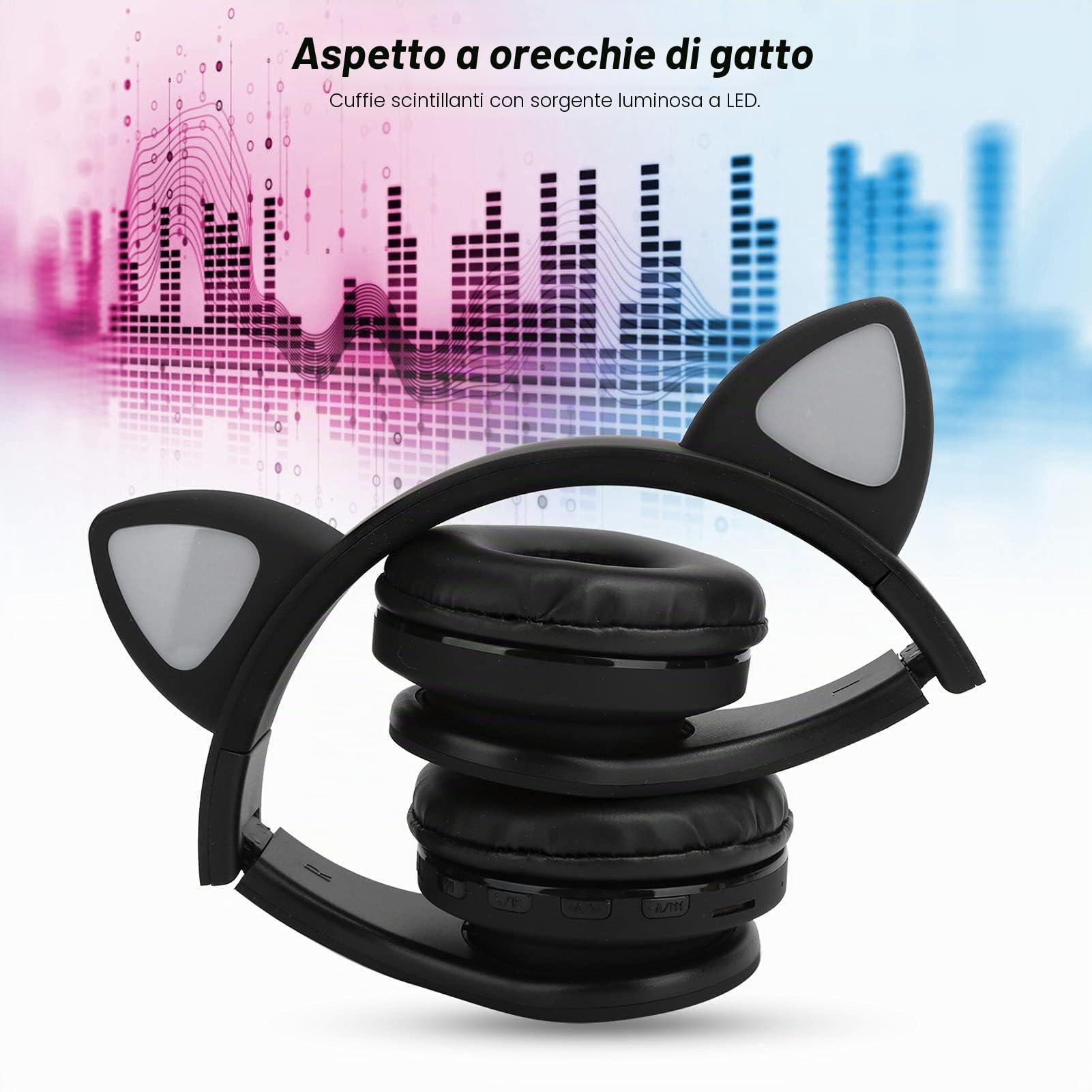 Cuffie Bluetooth per Bambini Cat Ear con Microfono, Cuffie per Bambini Illuminate a LED, Supporto per Scheda TF, Cuffie Pieghevoli per Bambini Sopra L'orecchio per Ragazze Ragazzi Adulti(Nero)