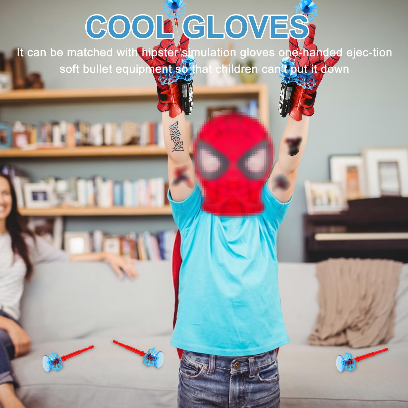 Set di 2 Spid-er Guanti per Bambino, Spara Ragnatele Spiderm, Spiderm Glove Launcher Set, con Maschera Spid-er e Tatuaggi, Cosplay Giocattoli da Polso, Giochi Bambino 3+ Anni