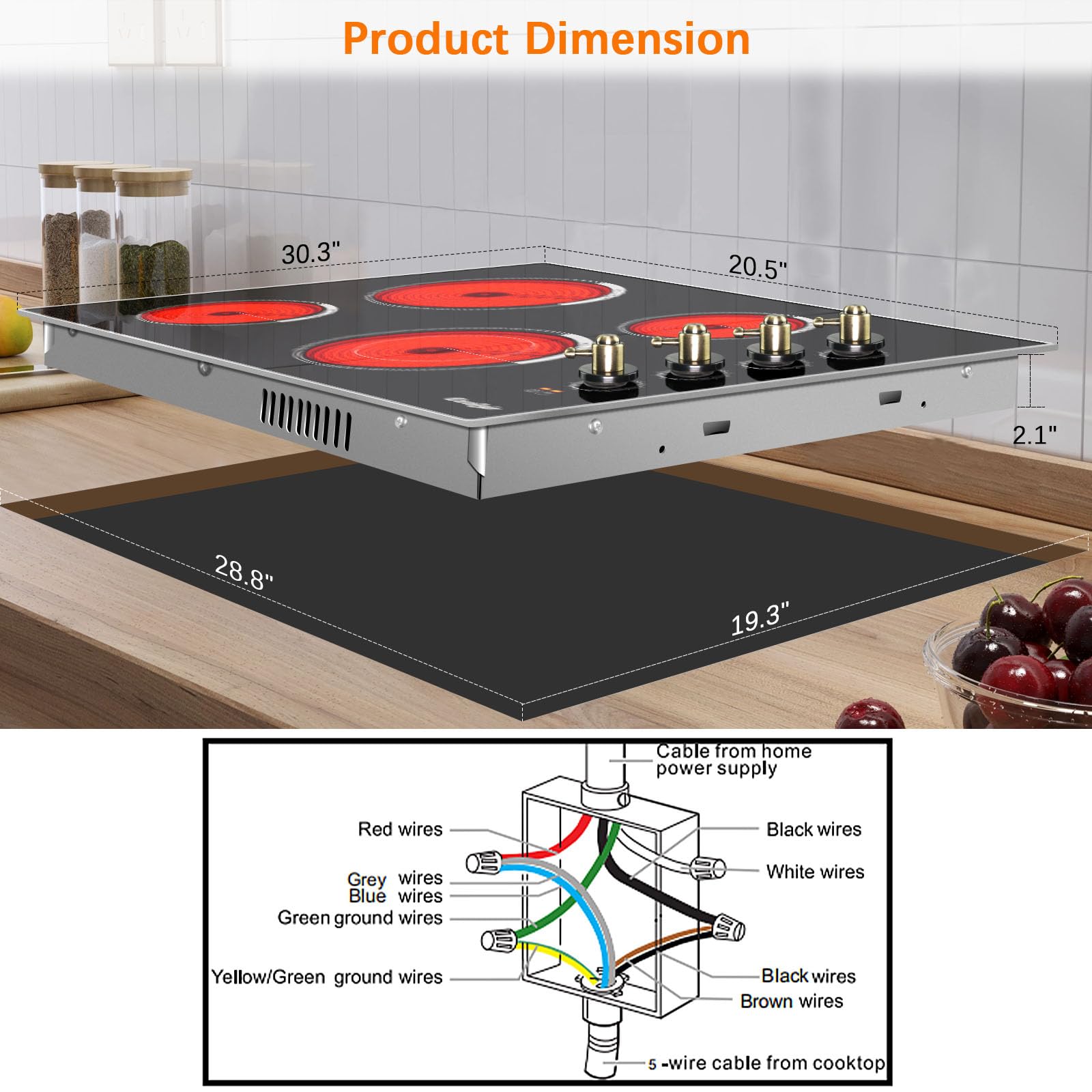 Electric Cooktop 30 Inch, 7400W Builtin Electric Stove Top 4 Burner