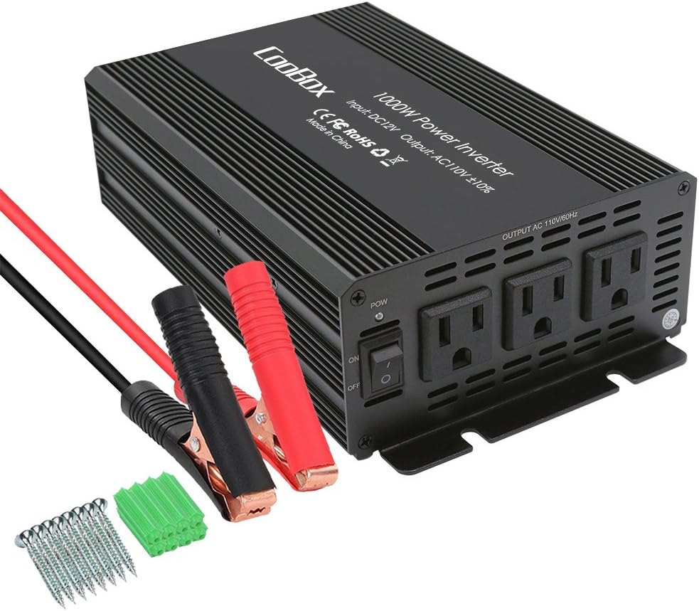 CooBox Car Power Inverter 1000W DC 12V to 110V 3 AC Outlets Home Car RV Solar Power Converter for Household Appliances in case Emergency, Hurricane, Storm and Outage