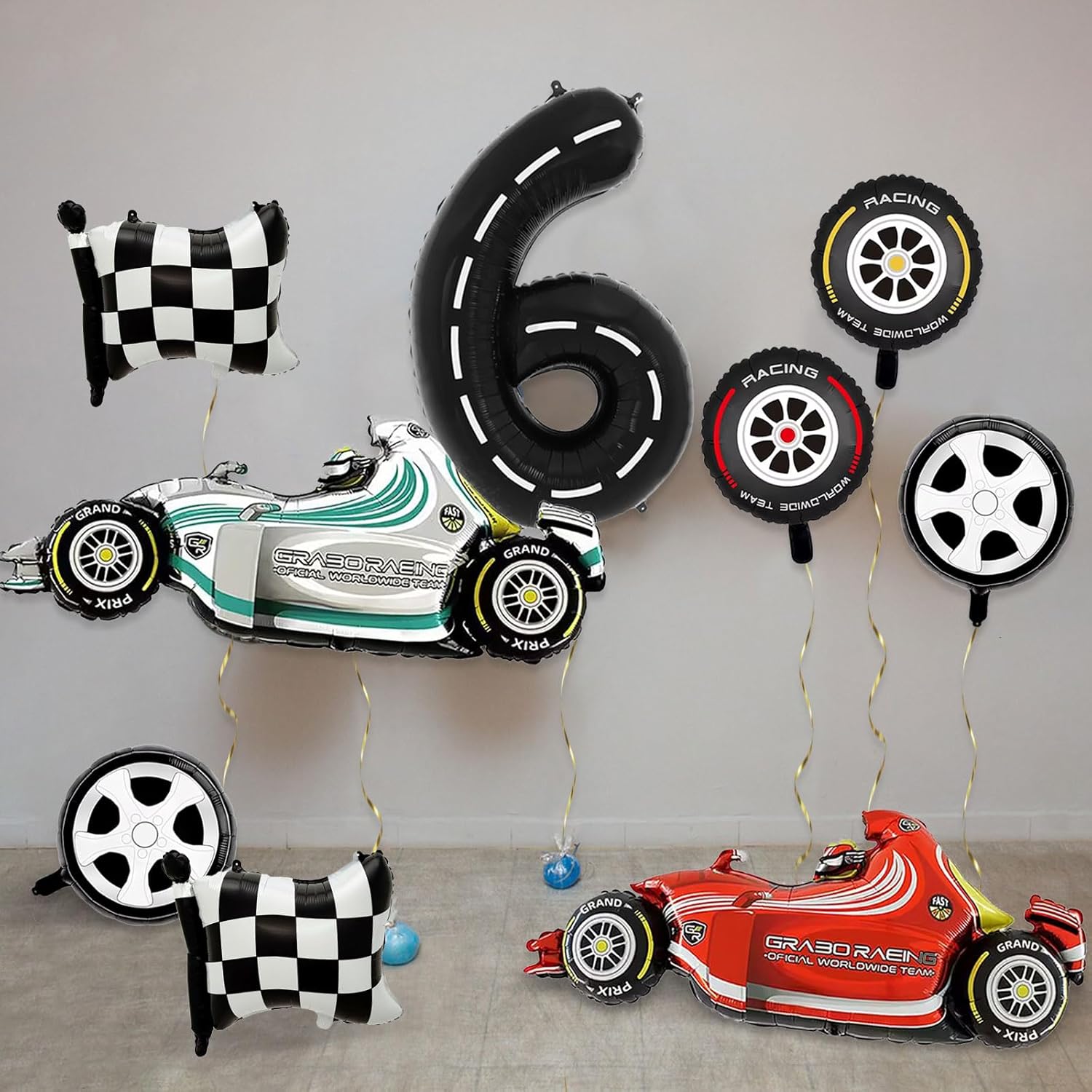 Number 6 Race Car Balloons, 43 Inch Race Car Party Decorations, Wheel Tire Balloon, Black and White Checkered Foil Balloons for Boys 6th Birthday Party Decoration - Pack of 9