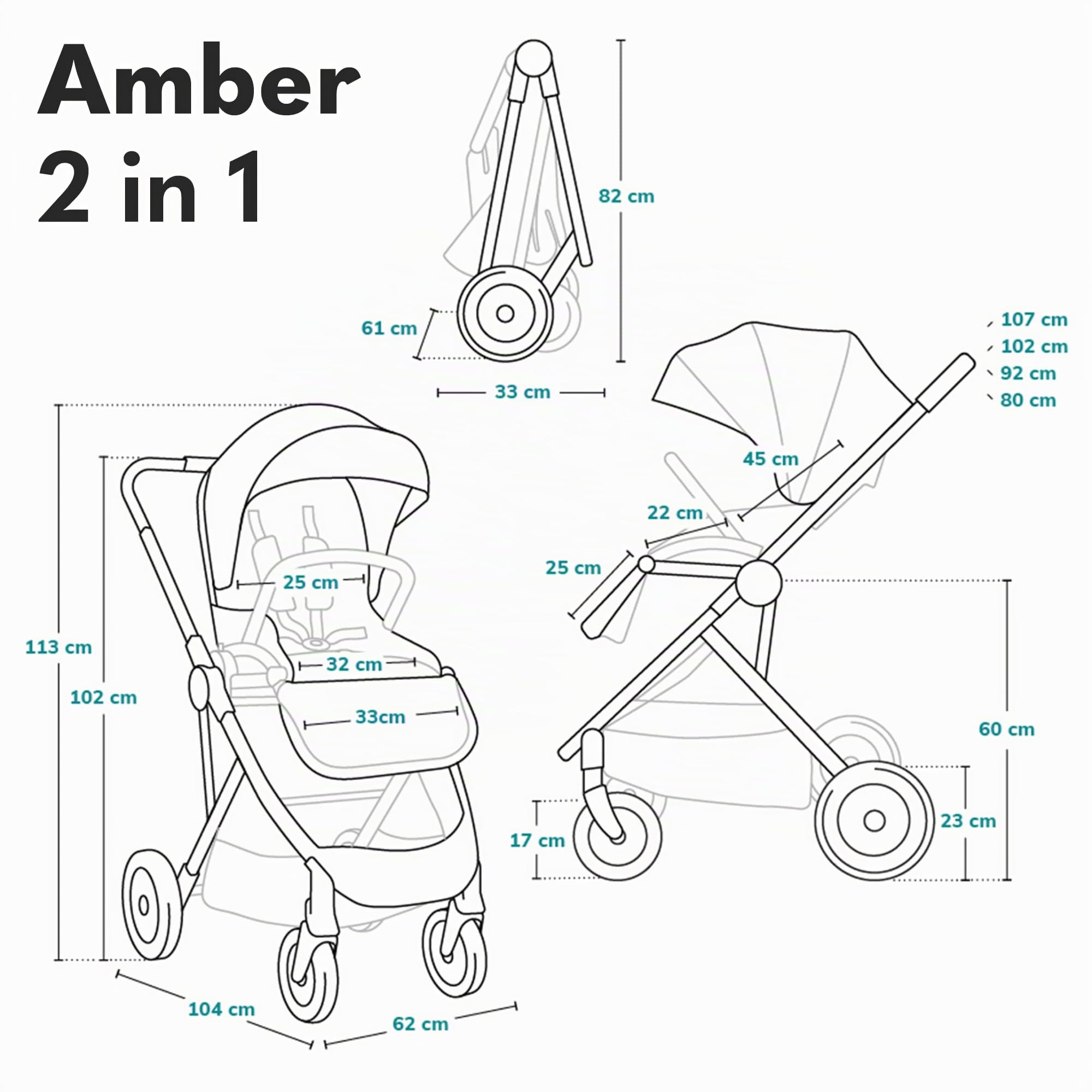 LIONELO Amber Passeggino 2 in 1 Set con Navicella da 0 a 48 Mesi / 22 kg | Passeggino Per bambini Fino a 22 kg, Seduta a Secchiello, Regolabile, Pieghevole e Leggero, Grandi Ruote e Cappottina XXL