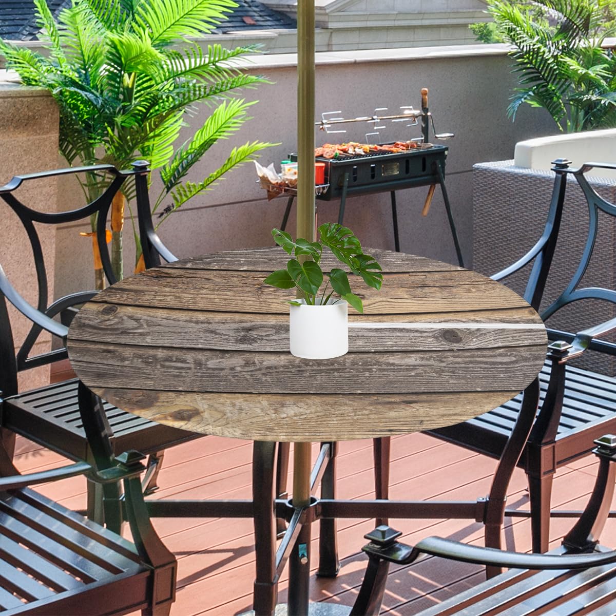 Outdoor Round Tablecloth with Umbrella Hole Vintage Rustic Wood Texture Round Fitted Patio Table Cover with Elastic Edged Waterproof Wipeable Table Cloth Fit 45