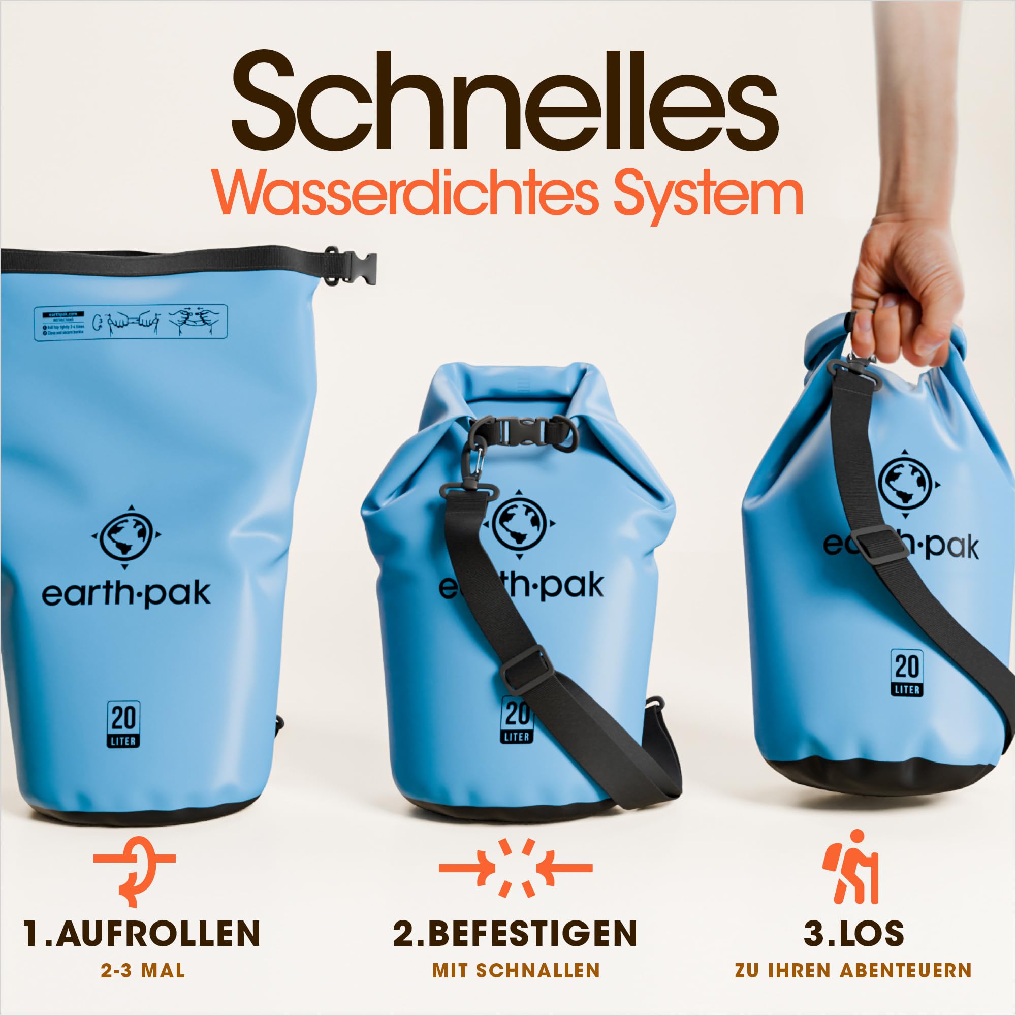 Earth Pak – Wasserdichter Packsack mit Schultergurt und wasserfester Handyhülle – Ideale Rolltop Tasche beim Kajak Fahren, Wandern, Camping, Angeln, Bootfahren und Rafting