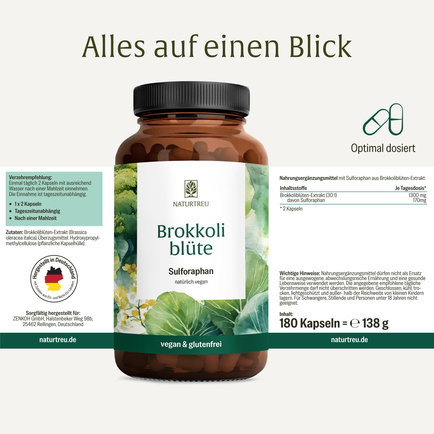 NATURTREU® Brokkoli Kapseln Hochdosiert - Sulforaphan Kapseln Hochdosiert | mit 170mg Sulforaphan pro Tagesdosis - 900 Kapseln für 15 Monate - 1300mg Brokkoli Extrakt Vegan